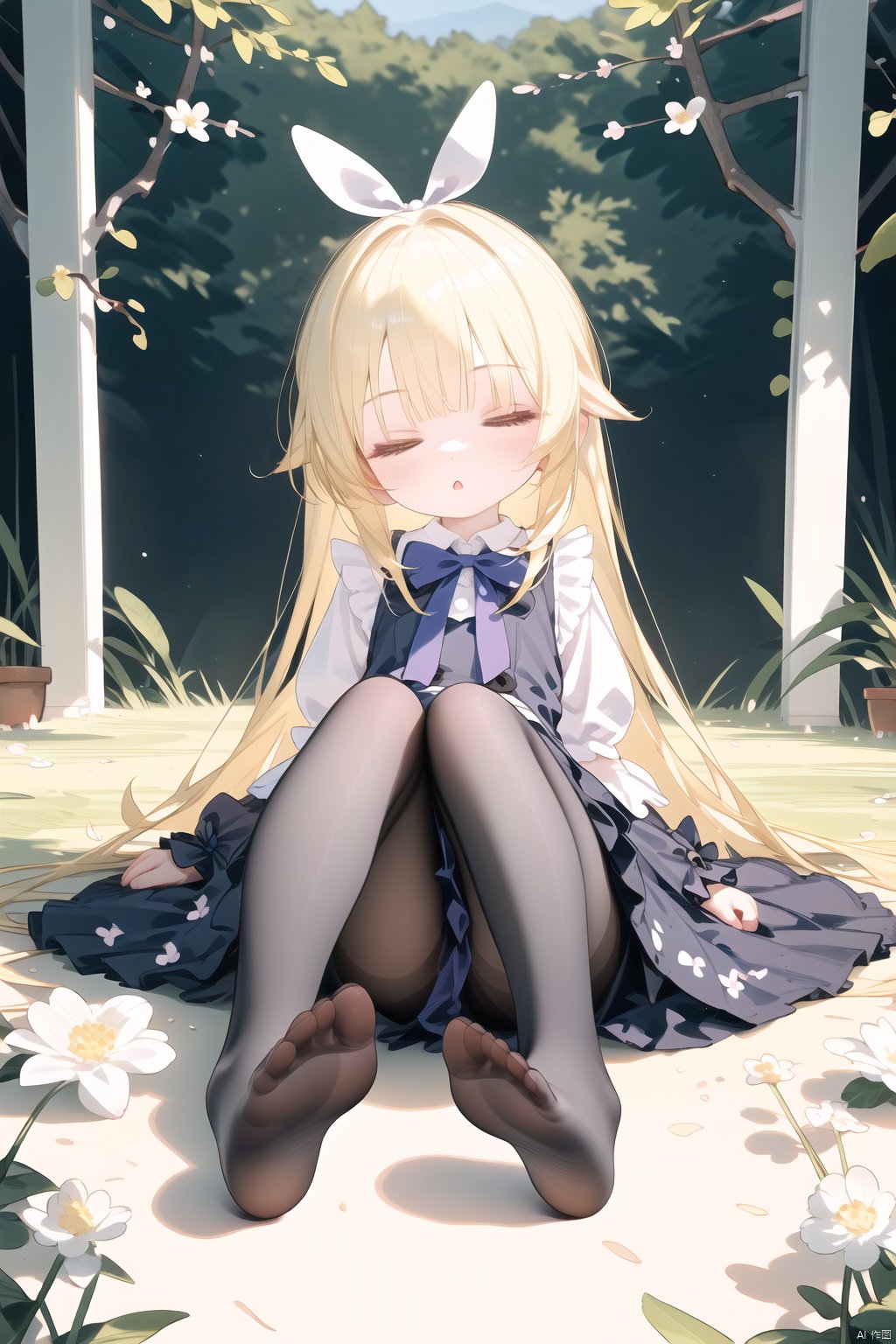  1girl,solo,Alice in Wonderland,Fairy tale world,Lolita, blonde hair, female aristocrat, dreamy, floral decoration, hair accessories, flowers on hair,loli,By this tree,blonde_hair,blunt_bangs,floating hair,puffy sleeves,skirt pleats,blue dress bow,delicate details,
pastel colors,Beautiful Lighting,highres,dignified,elegant,Sleeping under a tree,
,(best quality), (masterpiece), (highres), original, extremely detailed 8K wallpaper, (an extremely delicate),Beautiful face,
sleeping, eyes closed,long hair, whole body,black pantyhose, loli