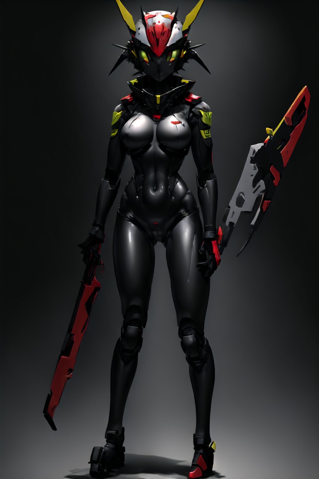 @Antihuman, 1girl,  long hair, breasts, jacket, covered nipples, Zerobeastskaiai, assasin, sword, from_behind, gun, bodysuit, squatting, helmet, animal helmet, dragon helmet, dog helmet, knife, rifle, science_fiction, cyborg, Head, Devil, Armor, Armorhead, Cyborghead, Devilhead, Humanoid, mecha_musume, spine detail, artificial, anthropomorphic mecha humanoid female dragon, spine metal skeleton details, exoskeleton, basoka, futuristic helmet, cyberpunk helmet, exo helmet, cyberpunk bodysuit, (Human:Cyborg:Dragon:1.4), wereanimal_cyborg, VisualAnime