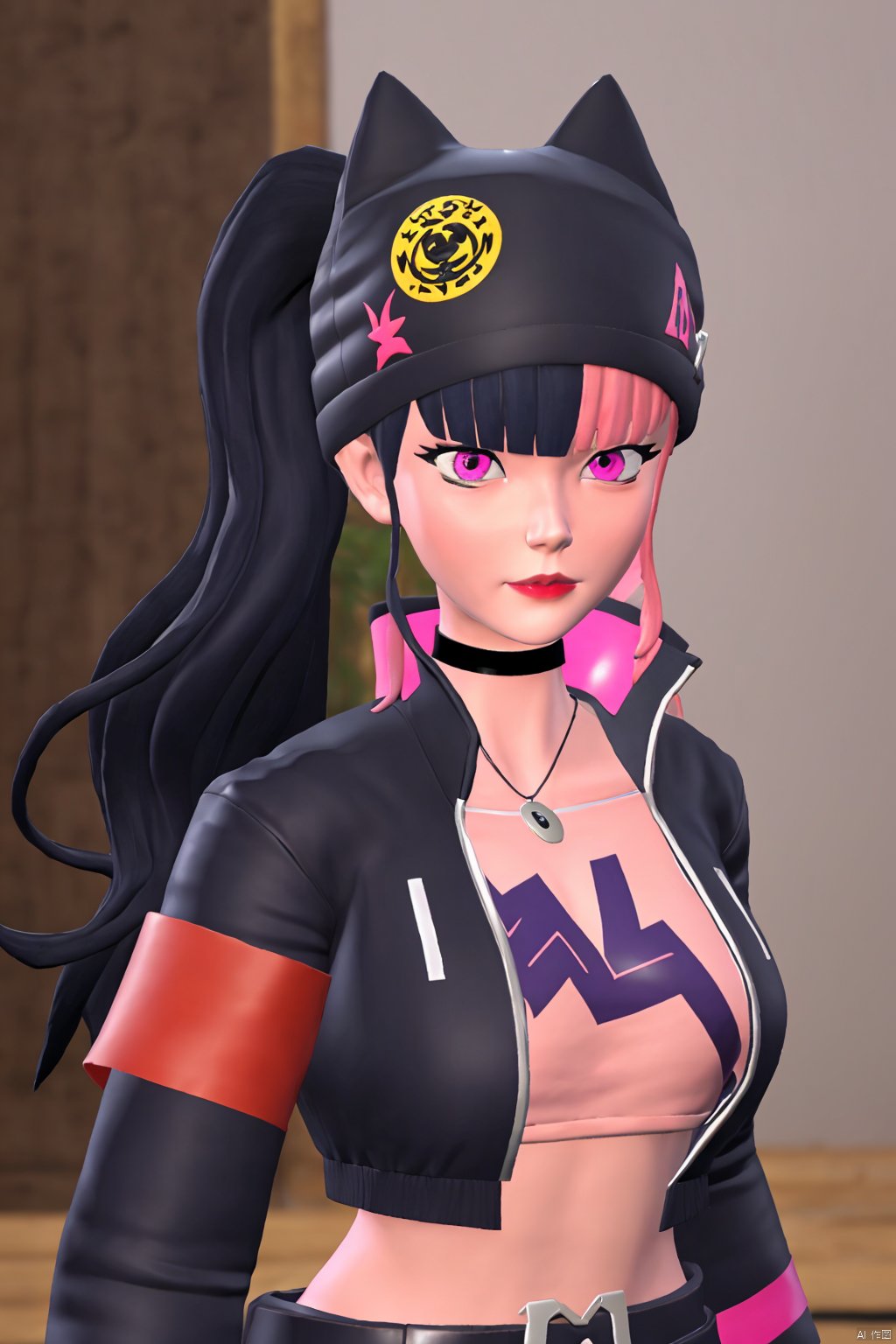  ,(shy),ZOE,1girl,jacket,black belt,black jacket,pink eyes,belt,hat,blue hair,choker,black choker,looking at viewer,crop top,jewelry,breasts,necklace,bangs,long hair,black headwear,, masterpiece, best quality,