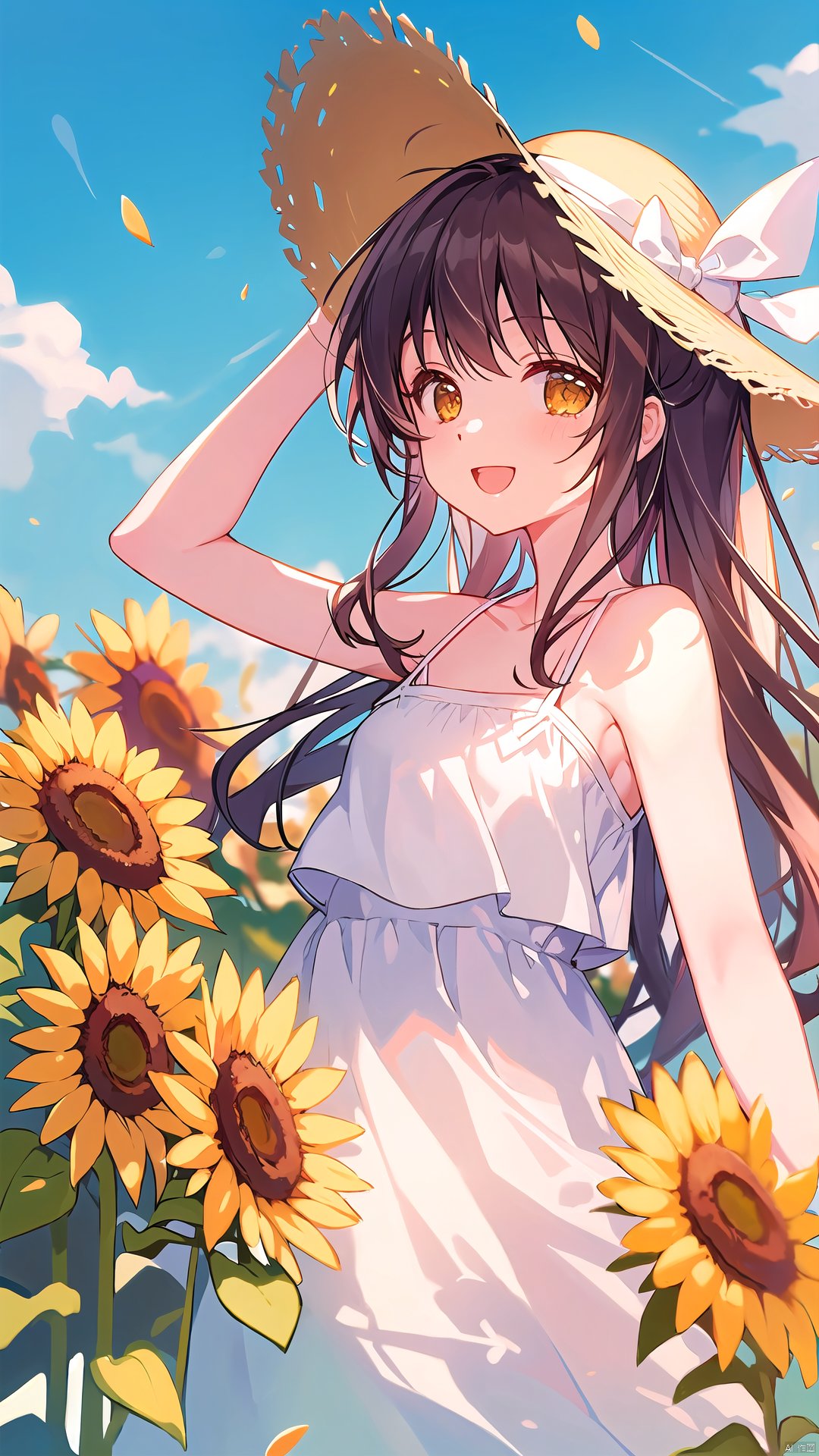 (masterpiece), (best quality),1girl, hat, sunflower, solo, flower, outdoors, long hair, smile, open mouth, day, looking at viewer, sleeveless, sky, yellow eyes, cloud, :d, petals, straw hat, bare shoulders, breasts, hand on headwear, white dress, dress, yellow flower, bangs, very long hair, collarbone, blue sky, blush, flower field, sun hat, bare arms, bow, field, brown headwear, small breasts, standing, sundress, arm up, skirt, hand up, white skirt, hat bow, cleavage, spaghetti strap, ribbon, blurry foreground, hat ribbon, white bow, blurry , 30710
, 372089