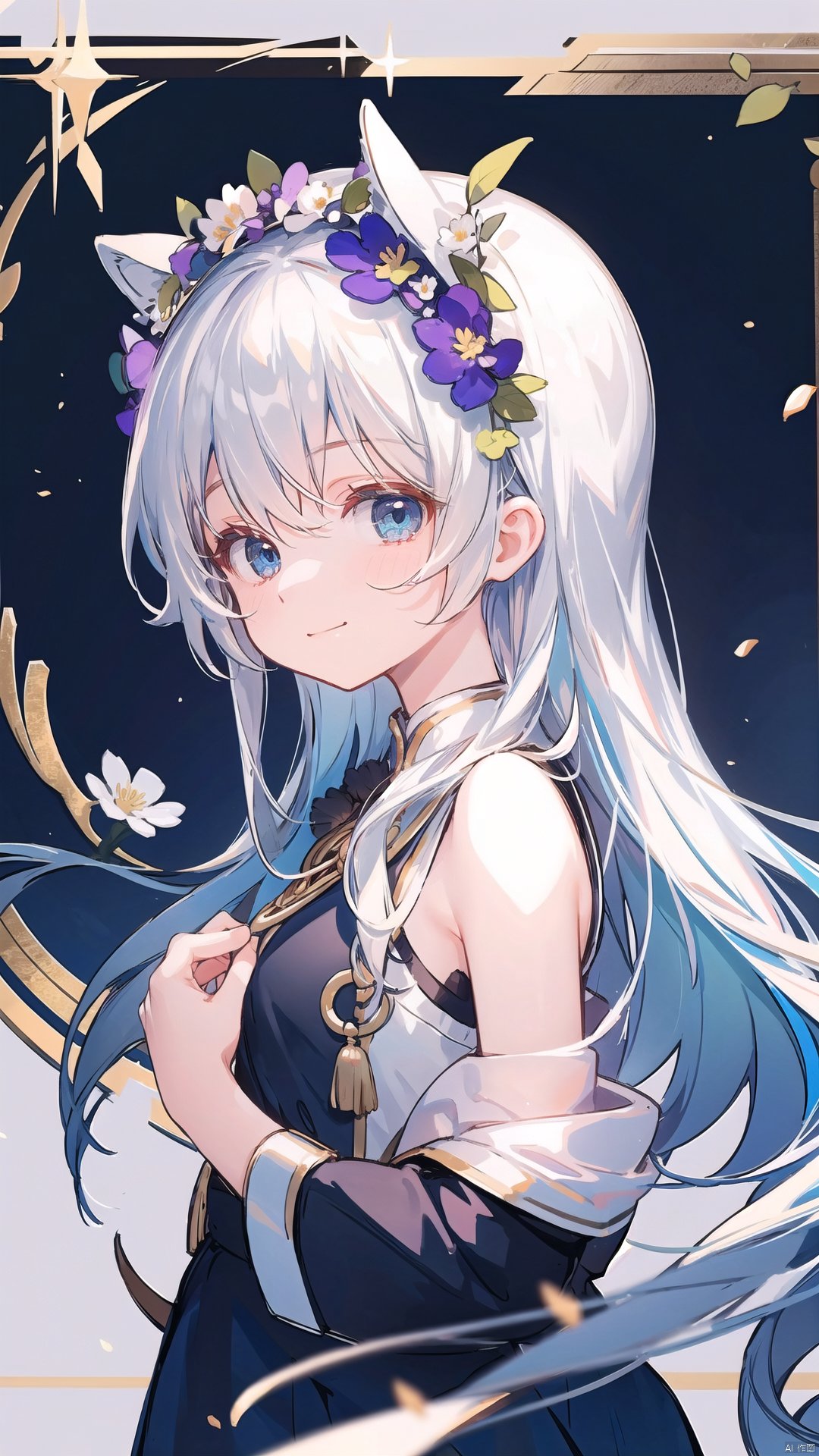   372089,Light-electric style, shining, 1girl, solo, blue eyes, long hair, looking at viewer, looking back, hair between eyes, hair ornament, upper body, shirt, flower, bangs, black shirt, closed mouth, hair flower, floating hair, smile, blue hair, head wreath, white hair, from behind, fangao,backless outfit, bare shoulders,
