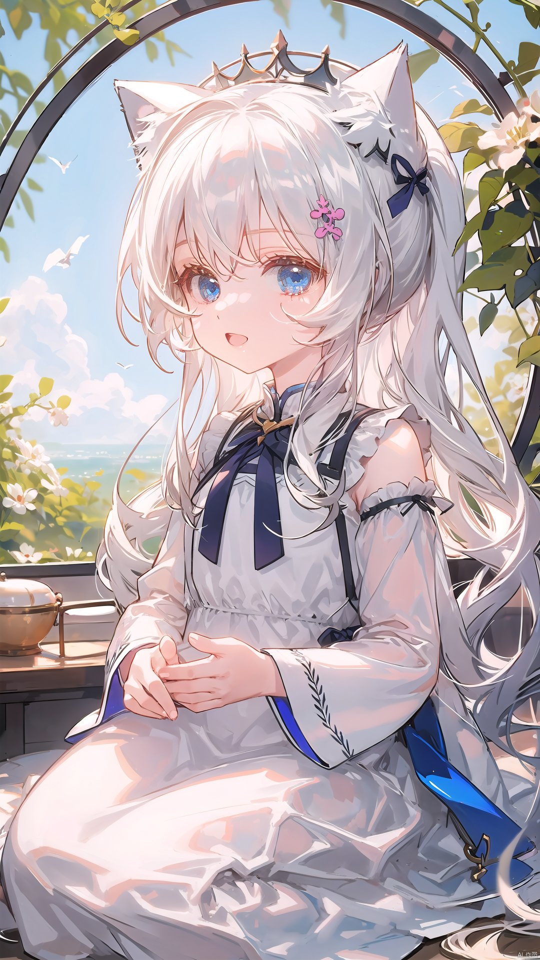  372089,1girl,loli,catgirl,white hair,blue eyes,white dress