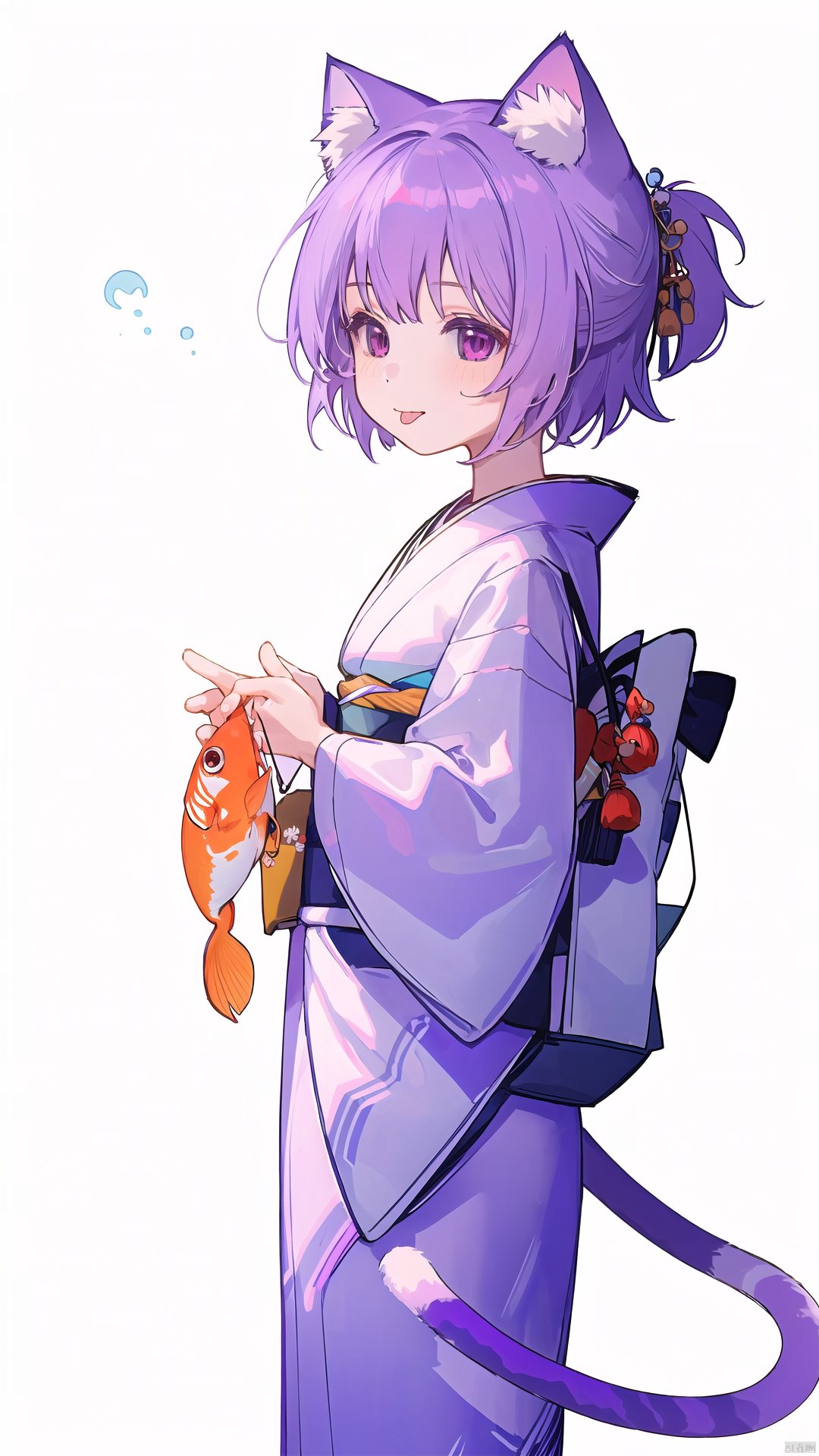  372089, 1girl, solo, blush, short hair, simple background, white background, holding, animal ears, tail, purple hair, japanese clothes, tongue, cat ears, tongue out, pink eyes, kimono, bag, cat tail, sash, cat girl, fish, :q, blue kimono, goldfish, 30710