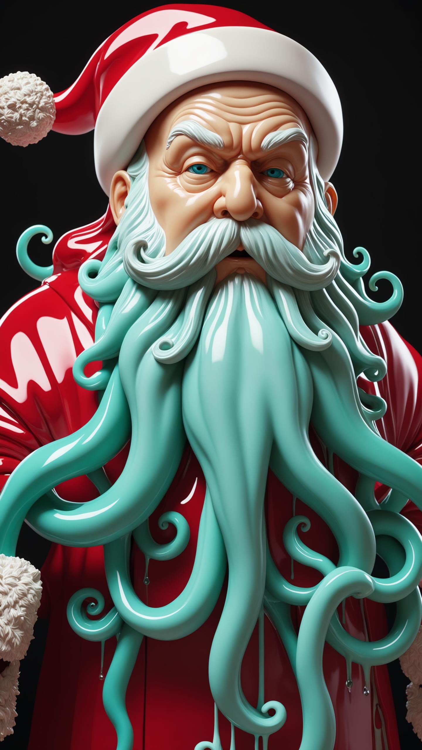 8k hyper realistic sculpture of (melting santa claus) (cthulhu:0.9) by alberto seveso nychos beatrix potter, wet and extremely glossy polycarbonate, highly detailed, vibrant, intricate accurate details, cinematic color grading, cinematic, artstation, Golden ratio, volumetric lighting, film grain, Fujifilm Neopan 100, Low shutter