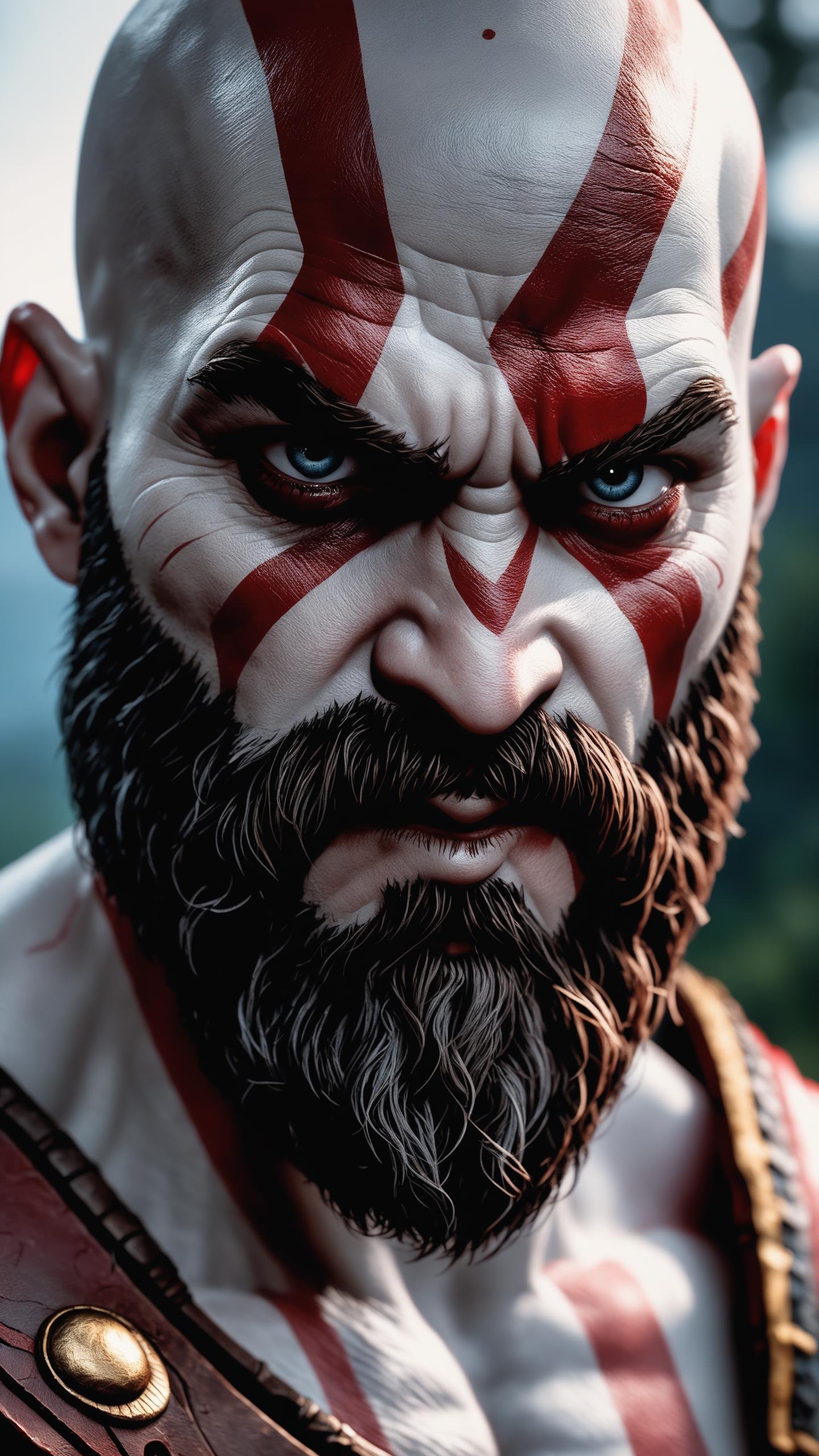cinematic close up photo of Kratos god of war, 1man, looking at viewer, very angry, rim light, realistic, real photo, real nature skin, realistic photo