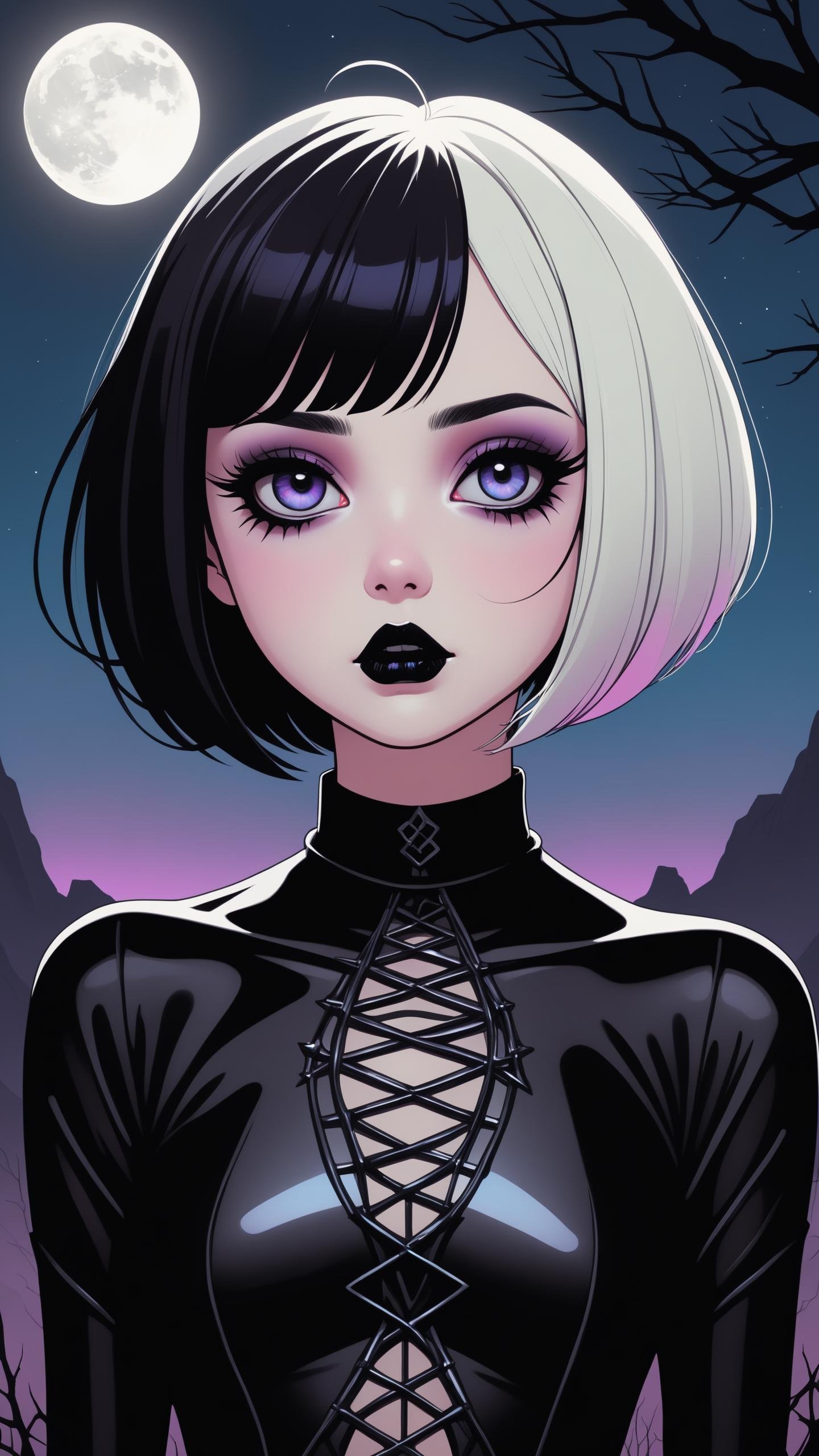 kawaii cute goth girl in a cartoon style, 1girl,solo, upper body, looking at viewer, white background, bob cut, short hair, multicolored hair, makeup, parted lips, black lips, eyeliner, gothic, goth girl, In a desolate, moonlit landscape, a lone figure emerges, their silhouette contorted and grotesque against the eerie glow, Closer inspection reveals a fusion of organic and mechanical pulsating flesh intertwining with cold, metallic structures, The figure's skin appears as if it's unraveling, revealing glimpses of something otherworldly beneath, The air is thick with an otherworldly hum, and a sickly, iridescent light emanates from the aberrant fusion, This image prompt invites exploration into the realm of body horror, prompting creative minds to unravel the unsettling narrative within this grotesque tableau