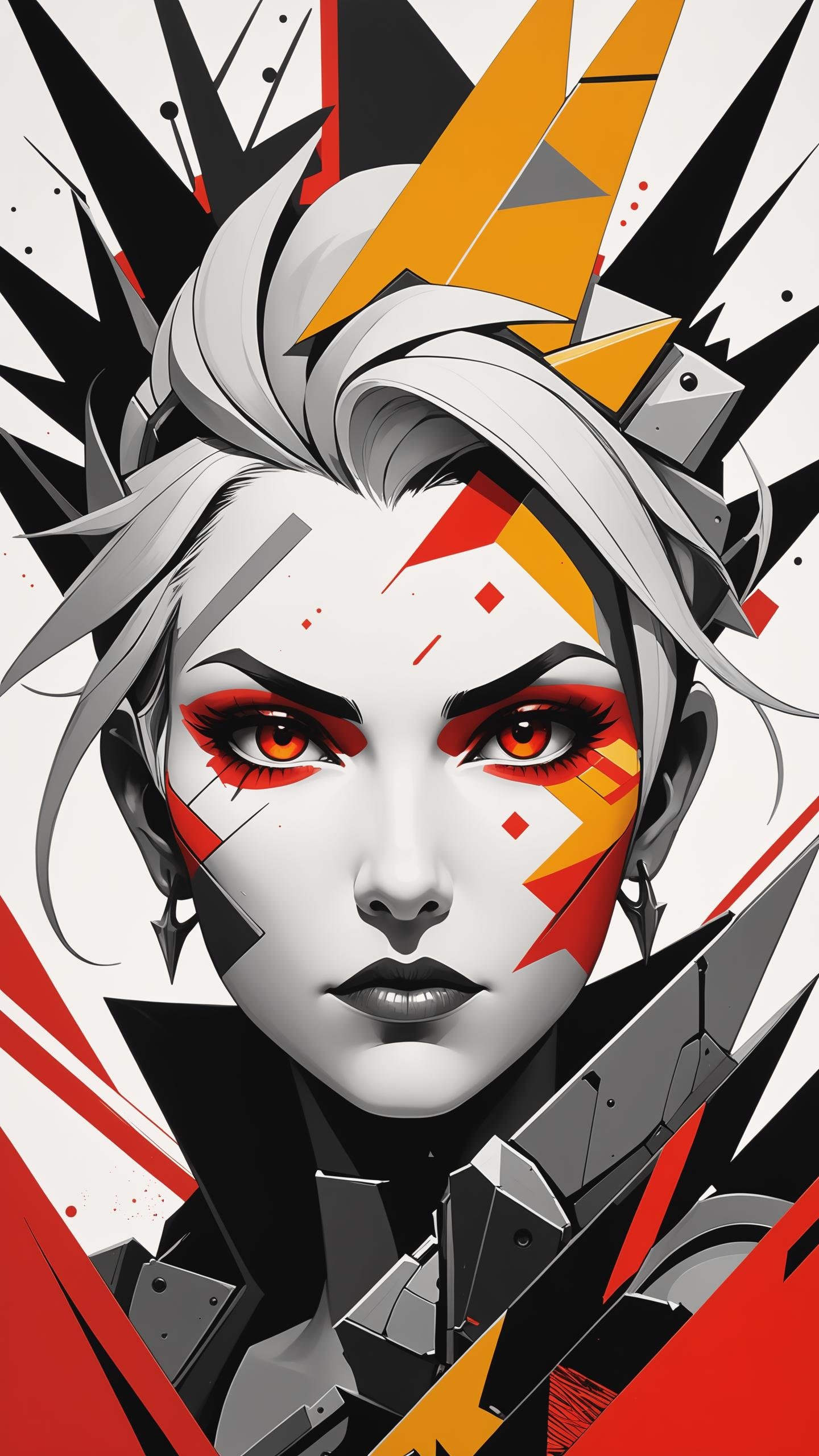 A poster of the Junker Queen from Overwatch, in the style of Dau-al-Set, Pollock, and inspired by MAPPA and Zdzislaw Beksinski, The poster features a close-up of the Junker Queen's face, with bold, abstract brushstrokes in shades of red, orange, and yellow, The background is a chaotic, abstract landscape with jagged, geometric shapes in shades of black white and gray, The overall effect is both beautiful and unsettling, capturing the essence of the Junker Queen's fierce and unpredictable nature