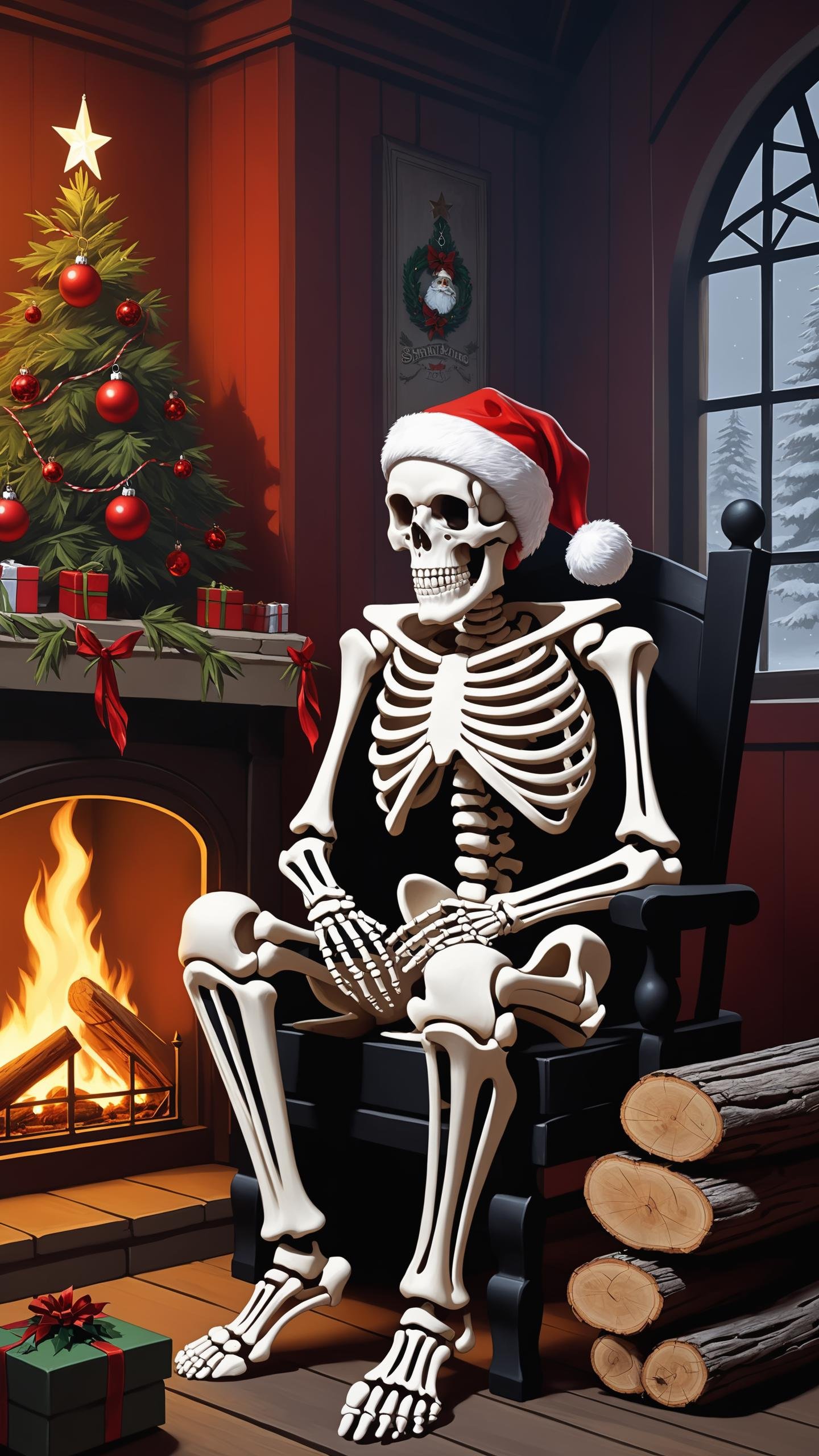 skeleton body, Santa Claus sat next to a log fire, Christmas decorations and a Christmas tree, Bastien L. Deharme, highly detailed digital painting, gothic art