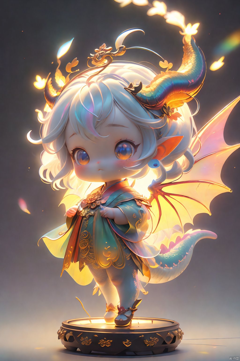 Best Quality,  Masterpiece,  Cute Little Dragon, Naked,  full body scales,  dragon tail,  dragon horns, （ Clear Color PVC Scales）, （ Clear Color Vinyl Wings）,  （Colorful Scales）,  Prism,  Holographic,  Chromatic Aberration,  Fashion Illustration,  Masterpiece,  8k,  Super Detailed,  pixiv, Delicate facial depiction with facial scalesHigh Resolution,  Solo,  Ultra Detail,  Masterpiece,  (Detail Cute Face): 1.2,  (Masterpiece,  Best Quality: 1.3),  Beautiful Detail Glow,  Best Lighting,  (((Best Quality,  Textile Shadows,  Ultra Detail))),  Beauty and Aesthetics with High Detail,  Best Lighting,  High Resolution,  Detail,  Dynamic Lighting,  Ultra Detailed Skin,  Intricate Detail,  Ultra Detail,  Sharp Detail,  Coast, Levitation,  xxhanfu halo cyber phoenix crown,  Light-electric style,  Cyberpunk Concept,<lora:EMS-272061-EMS:0.660000>,<lora:EMS-268526-EMS:0.300000>,<lora:EMS-262422-EMS:0.400000>,<lora:EMS-22839-EMS:0.200000>,<lora:EMS-267842-EMS:0.200000>