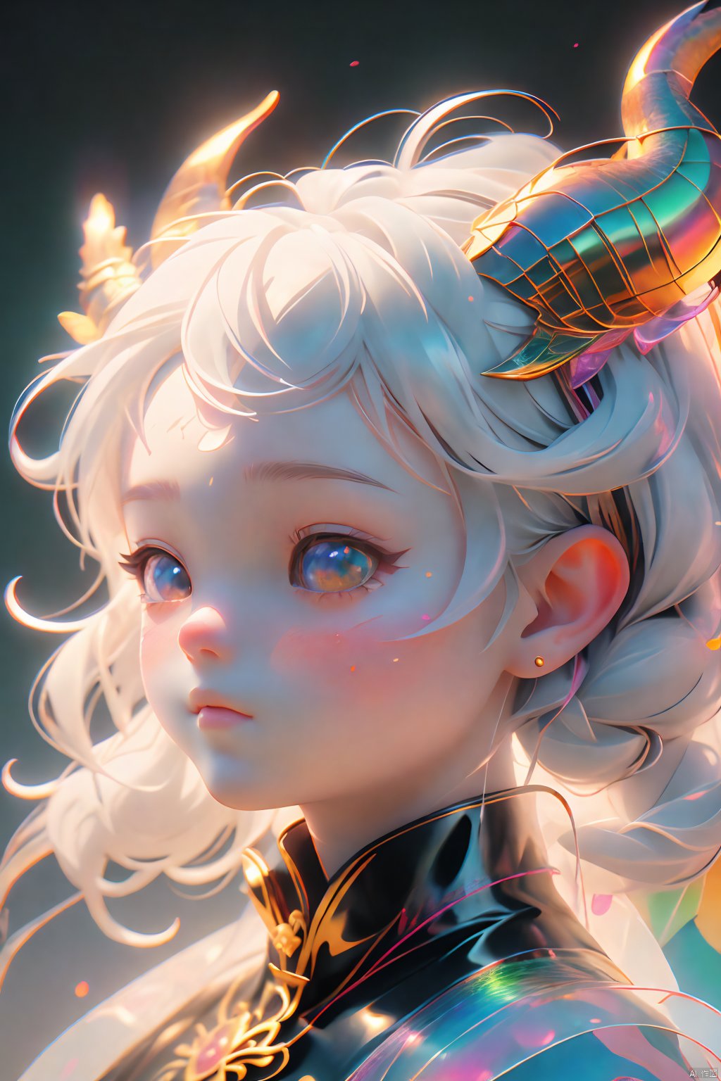 Best Quality,  Masterpiece,  Cute Little Dragon,  The face of a child,  dragon horns, Dragon Horn,  (Clear Color PVC Scales),  (Clear Color Vinyl),  (Color Scales),  Prism,  Holographic,  Chromatic Aberration,  Fashion Illustration,  Masterpiece,  8k,  Super Detailed,  Pixiv,  Delicate Facial Portrait,  (Face Scales),  (Face Close-up),<lora:EMS-22839-EMS:0.200000>,<lora:EMS-267842-EMS:0.200000>,<lora:EMS-272061-EMS:0.660000>,<lora:EMS-268526-EMS:0.300000>,<lora:EMS-262422-EMS:0.400000>