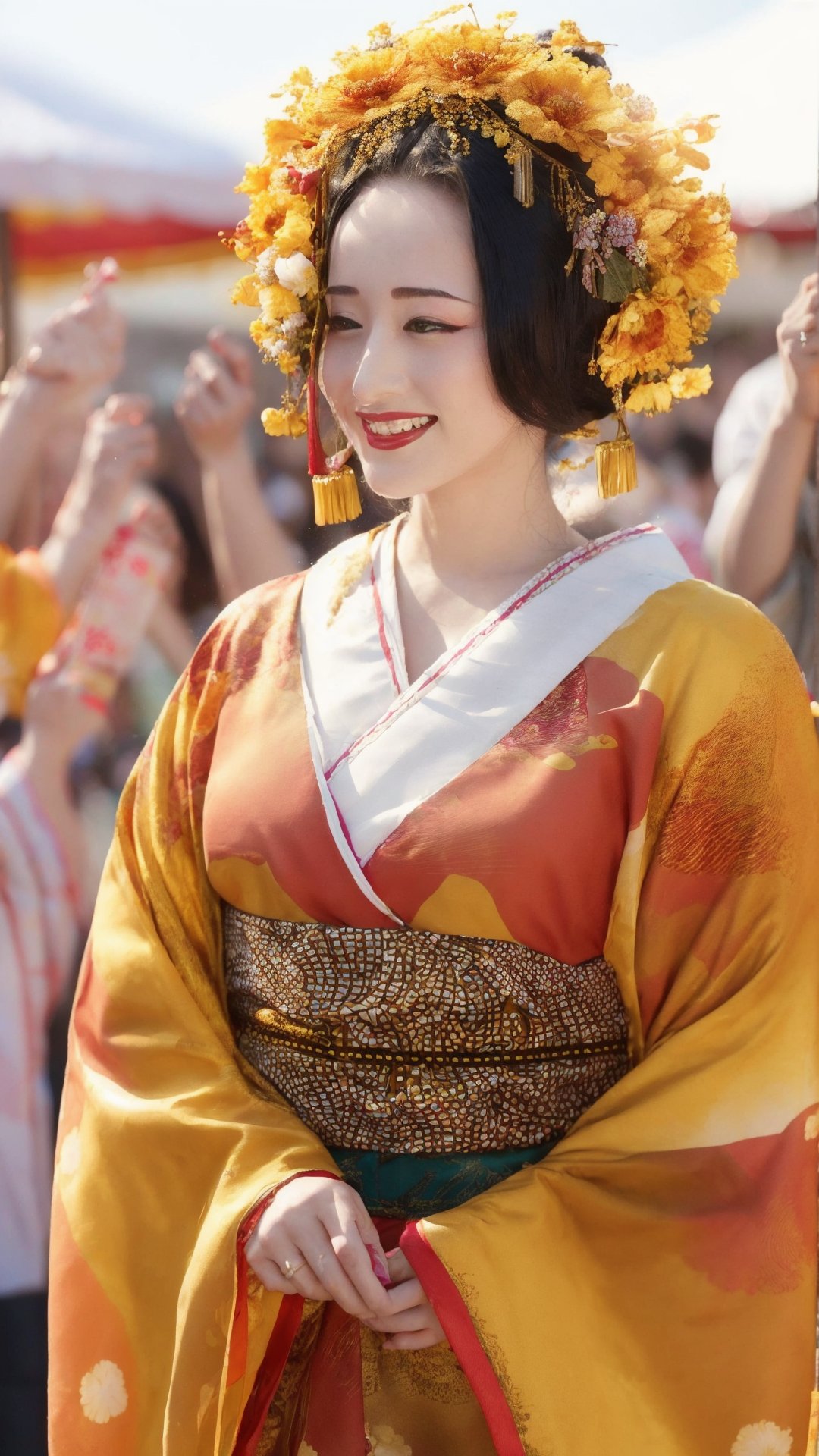 A vibrant crowd at a chrysanthemum festival, a woman in a kimono adorned with the golden blooms catches the eye. Confetti swirls in the sunlight, her smile reflecting the joyous atmosphere. Candid, festive, high resolution,utsukushi,Detailedface,Realism