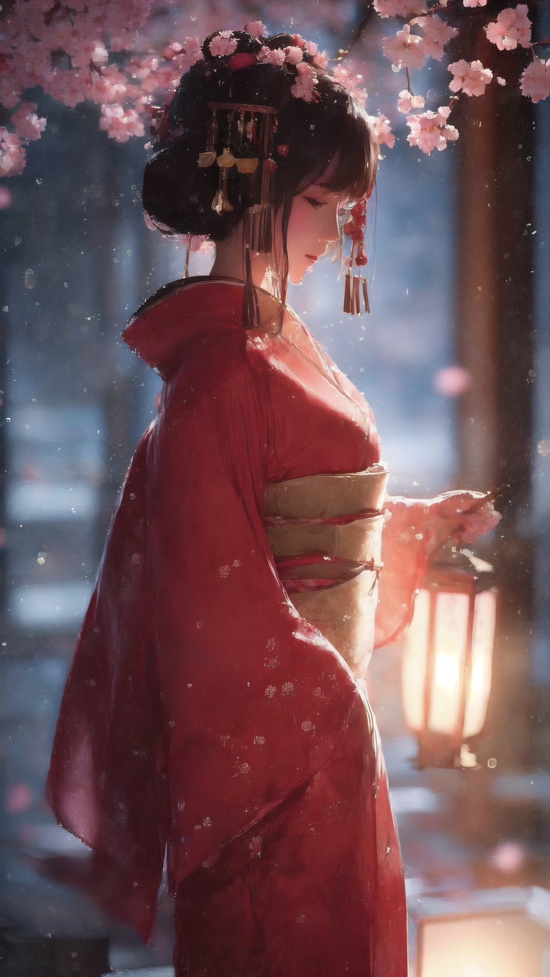 A dimly lit alleyway lined with swaying paper lanterns, a woman in a kimono disappears into the shadows. A single cherry blossom floats, catching the lantern glow before fading into the night. Candid, evocative, high resolution,utsukushi