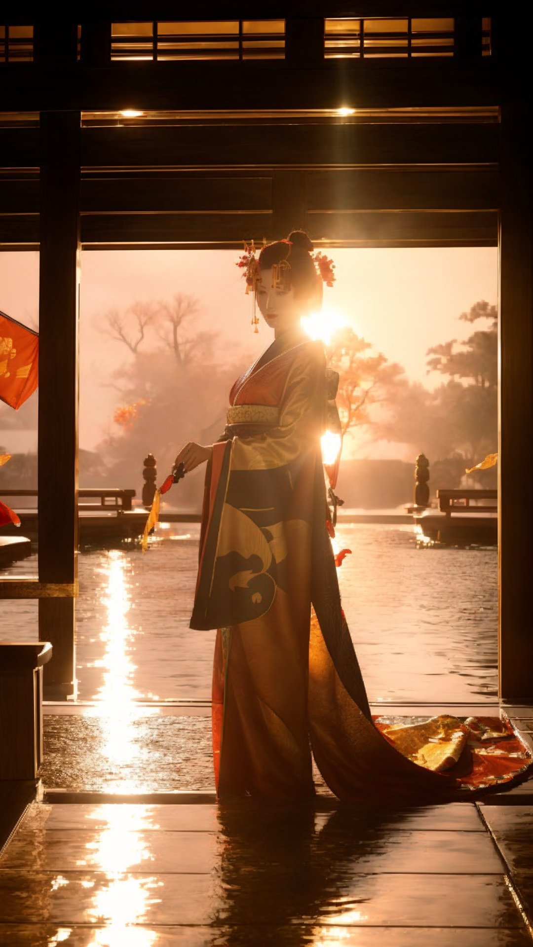 A lone figure stands on a temple balcony, her crimson kimono catching the fiery hues of sunset. Golden light reflects in her eyes, mirroring the koi flags dancing in the wind. Full body, dramatic, high resolution,utsukushi,Detailedface,Realism