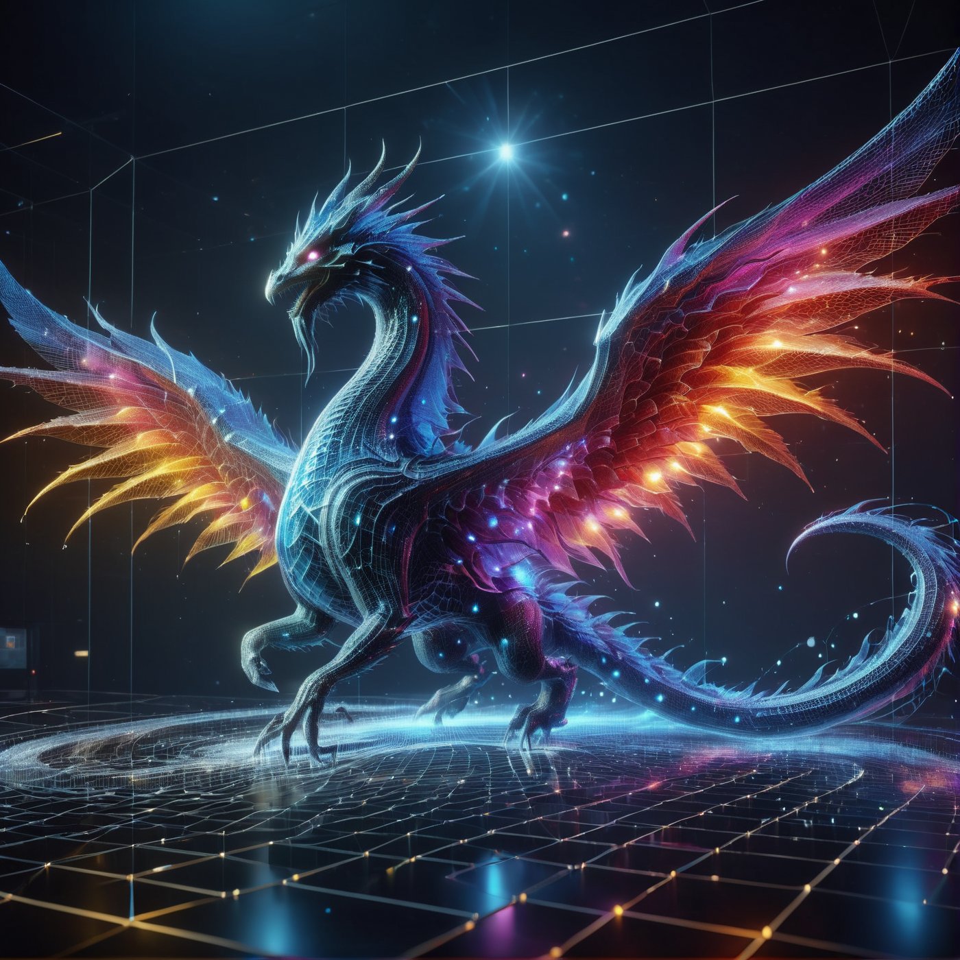 (((full_body shot))), solo, Photo hologram 3dmash of a big dragon have pair of wings, action_pose, holomashdragon, ,3D Mesh, highly detailed, hyper realistic, with dramatic polarizing filter, vivid colors, sharp focus, HDR, UHD, 64K, 16mm, color graded portra 400 film, remarkable color, ultra realistic,