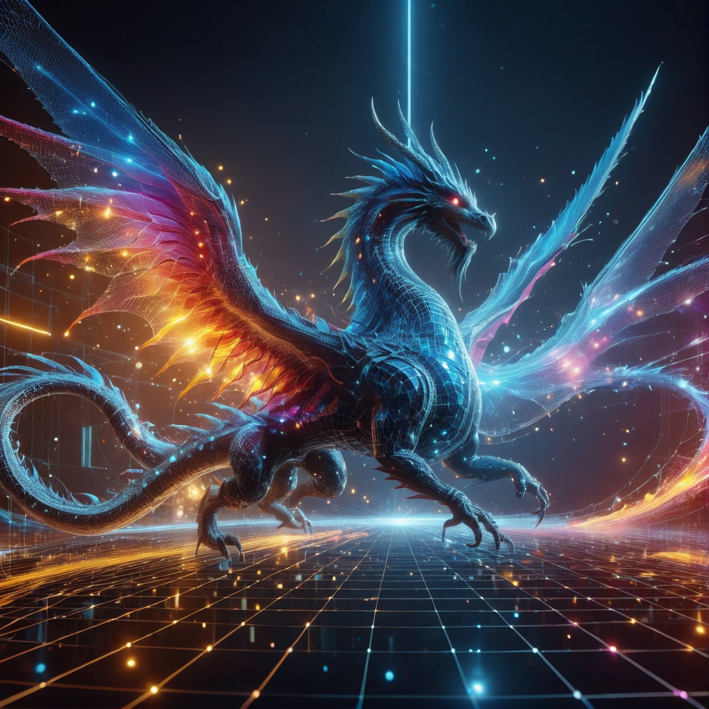 (((full_body shot))), solo, Photo hologram 3dmash of a big dragon have pair of wings, action_pose, holomashdragon, ,3D Mesh, highly detailed, hyper realistic, with dramatic polarizing filter, vivid colors, sharp focus, HDR, UHD, 64K, 16mm, color graded portra 400 film, remarkable color, ultra realistic,