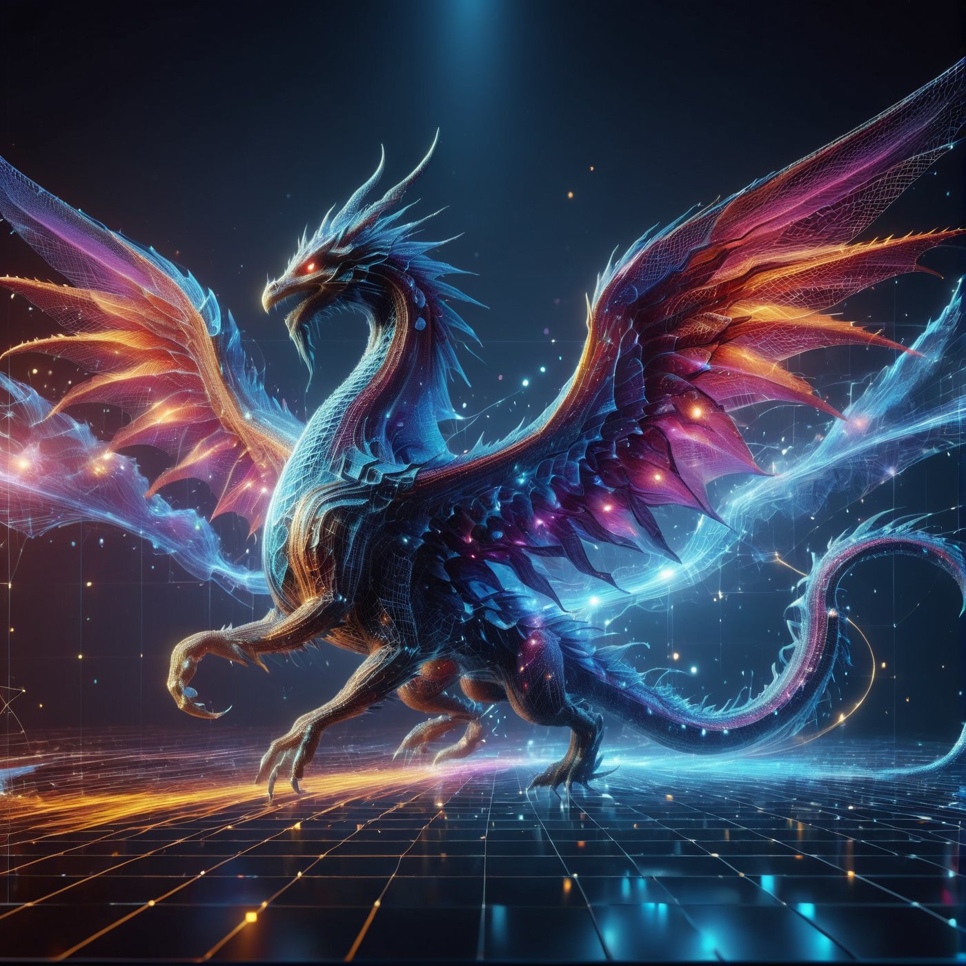 (((full_body shot))), solo, Photo hologram 3dmash of a big dragon have pair of wings, action_pose, holomashdragon, ,3D Mesh, highly detailed, hyper realistic, with dramatic polarizing filter, vivid colors, sharp focus, HDR, UHD, 64K, 16mm, color graded portra 400 film, remarkable color, ultra realistic,