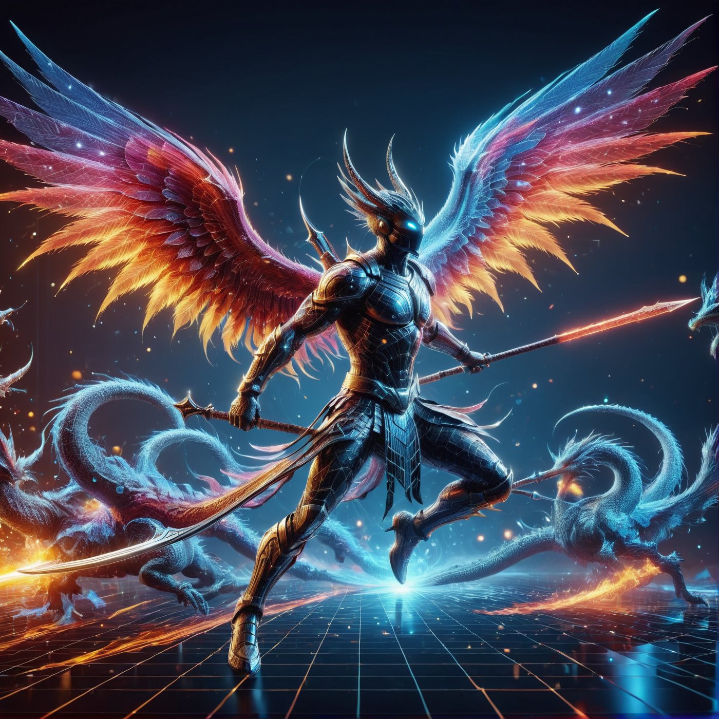 (((full_body shot))), solo, Photo hologram 3dmash of a warrior with a spear is battling a big dragon have pair of wings, action_pose, holomashdragon, ,3D Mesh, highly detailed, hyper realistic, with dramatic polarizing filter, vivid colors, sharp focus, HDR, UHD, 64K, 16mm, color graded portra 400 film, remarkable color, ultra realistic,