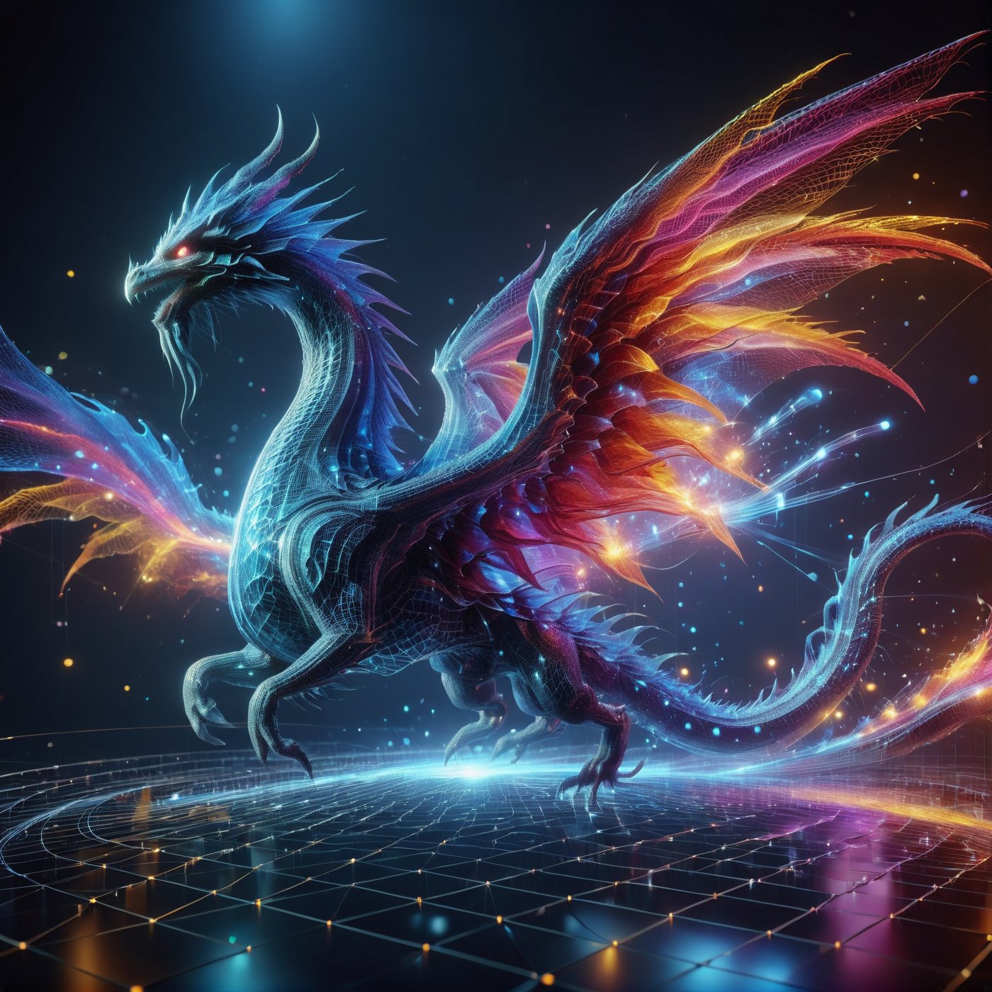 (((full_body shot))), solo, Photo hologram 3dmash of a big dragon have pair of wings, action_pose, holomashdragon, ,3D Mesh, highly detailed, hyper realistic, with dramatic polarizing filter, vivid colors, sharp focus, HDR, UHD, 64K, 16mm, color graded portra 400 film, remarkable color, ultra realistic,