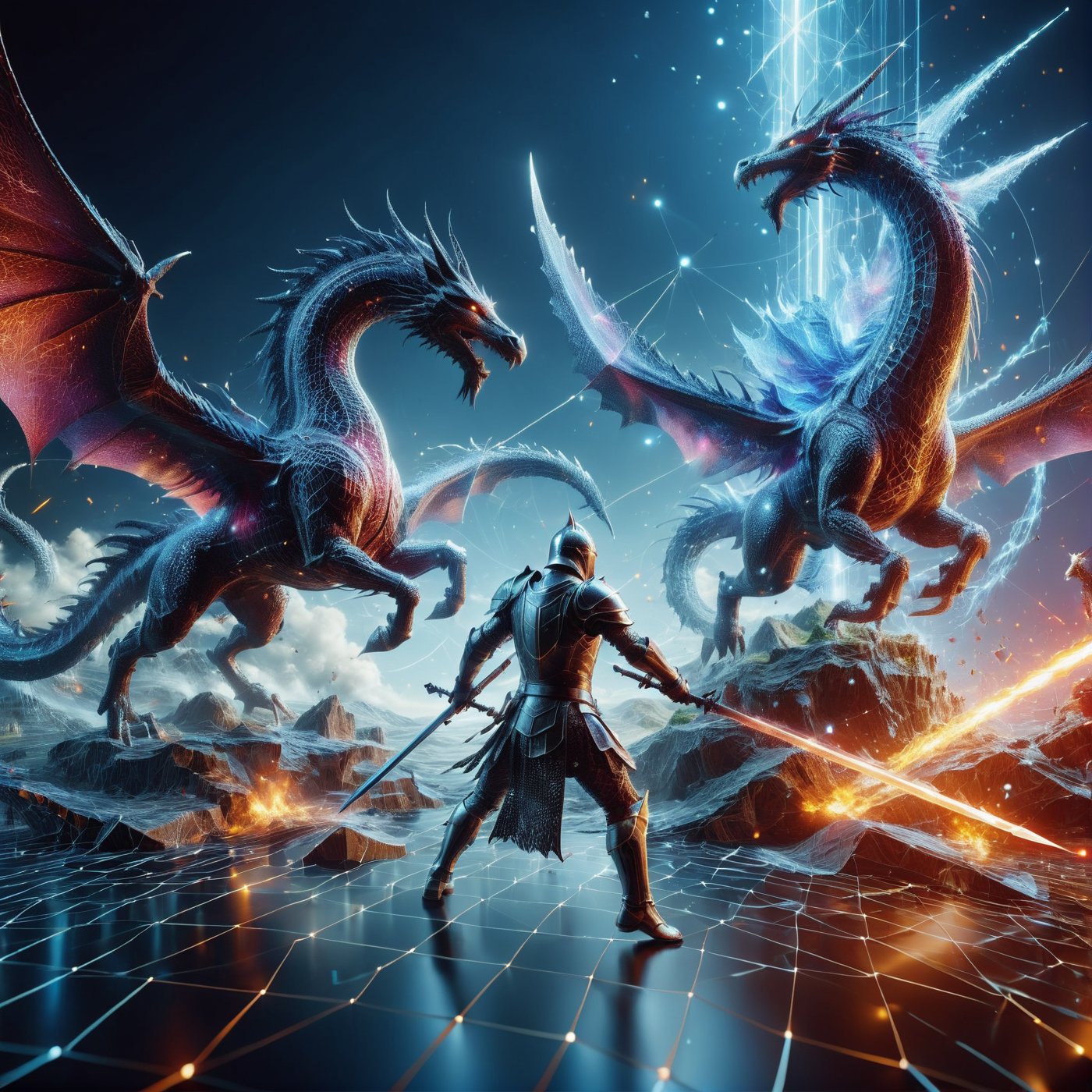 (((full_body shot))), solo, Photo hologram 3dmash of a knight with a spear is battling a big dragon, action_pose, holomashdragon, ,3D Mesh, highly detailed, hyper realistic, with dramatic polarizing filter, vivid colors, sharp focus, HDR, UHD, 64K, 16mm, color graded portra 400 film, remarkable color, ultra realistic,