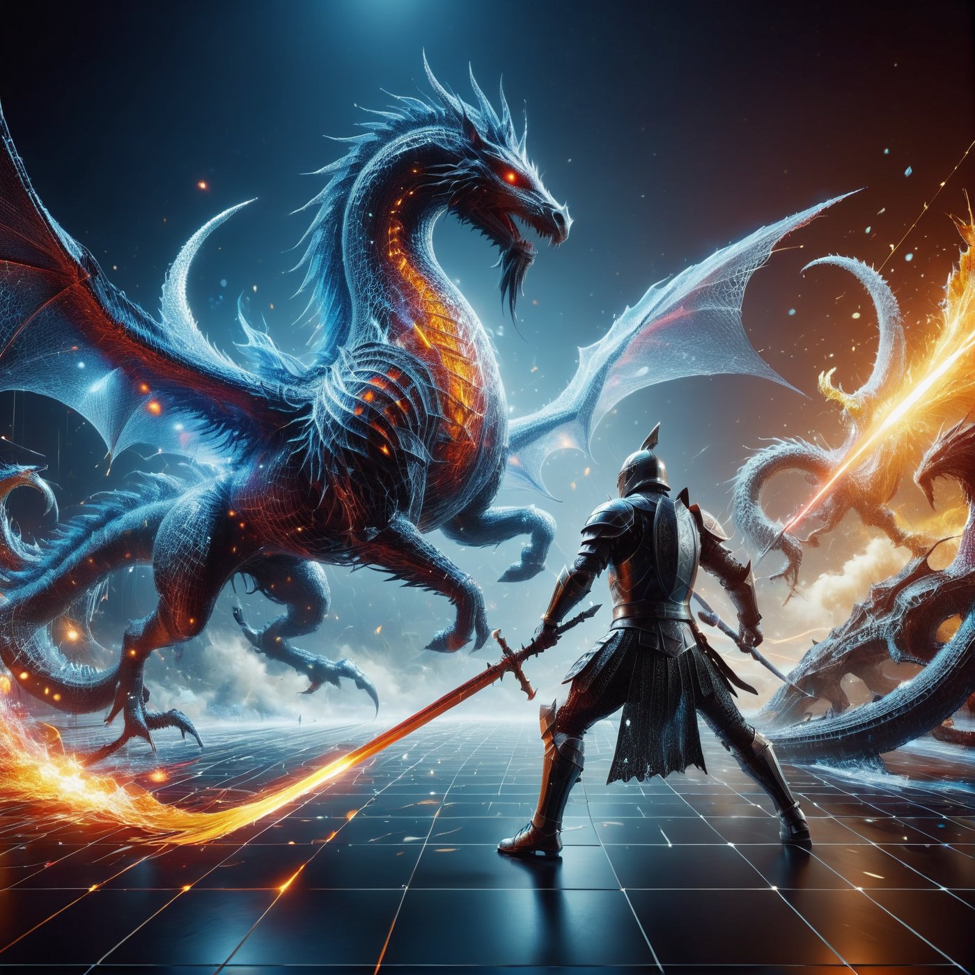 (((full_body shot))), solo, Photo hologram 3dmash of a knight with a spear is battling a big dragon, action_pose, holomashdragon, ,3D Mesh, highly detailed, hyper realistic, with dramatic polarizing filter, vivid colors, sharp focus, HDR, UHD, 64K, 16mm, color graded portra 400 film, remarkable color, ultra realistic,