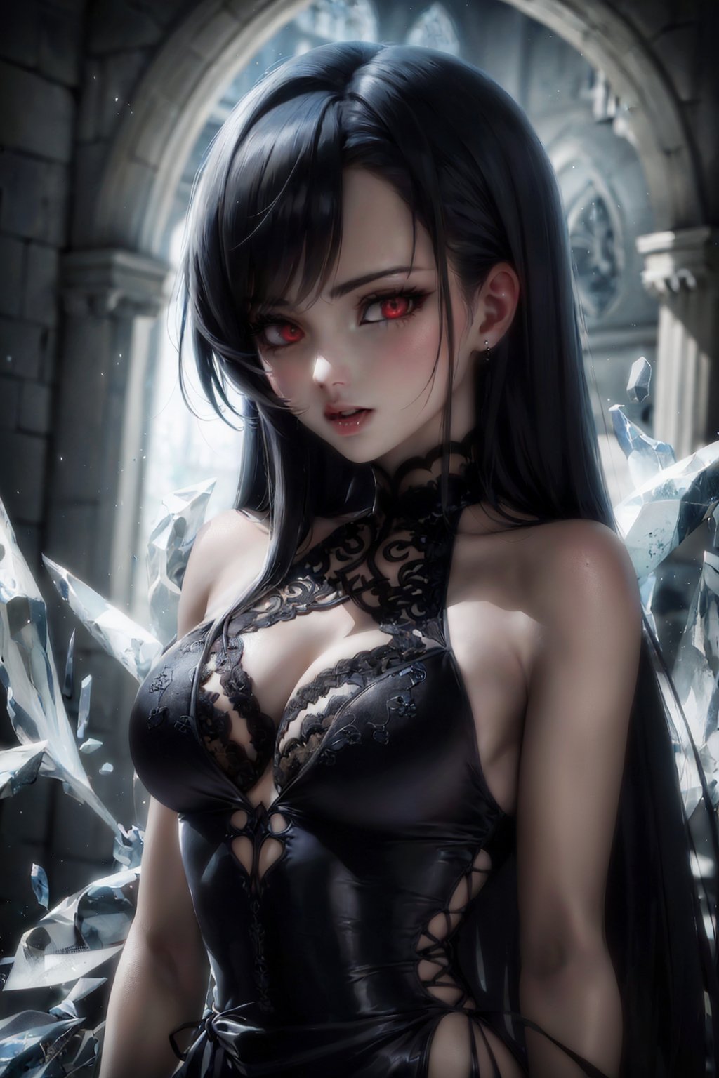 (masterpiece), (best quality), (HDR), intricate detail, 
1girl, bare_shoulders, pale skin, black hair, long_hair, (sharp eyes, red_eyes, detailed eyes:1.2), vampire black dress, lace trim, portrait, upper body, bloom effect, ice castle background,