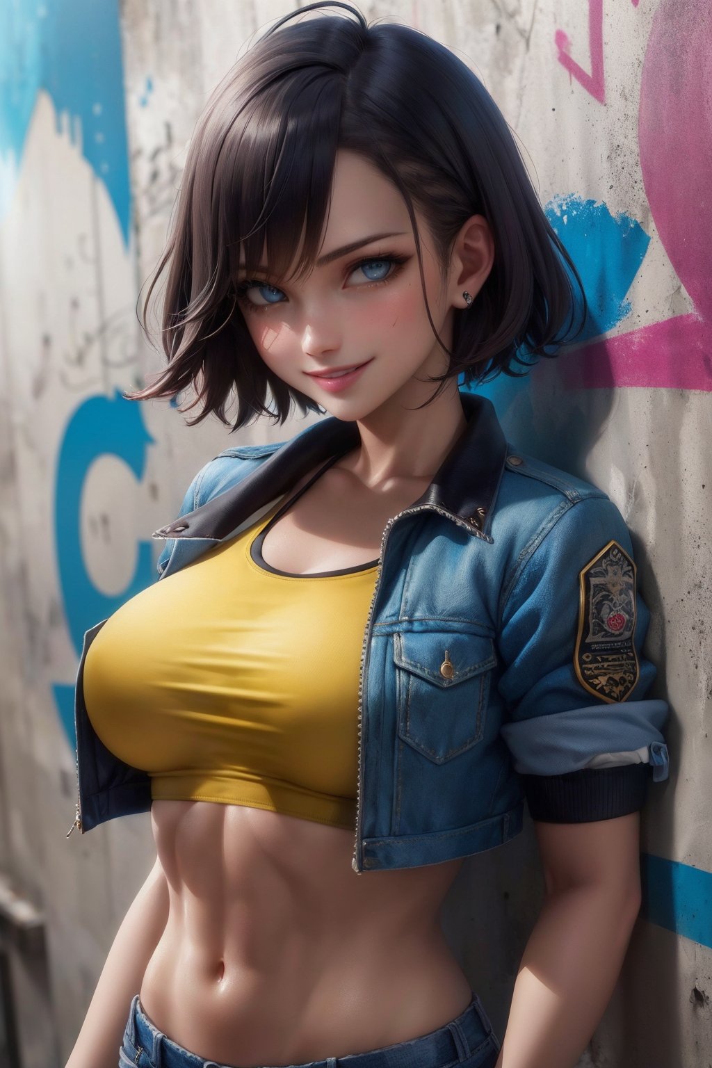 (masterpiece), (best quality), (HDR), intricate detail, 
1girl, mature woman, smile, tan skin, hair colour highlights, short hair, (sharp eyes, blue eyes, detailed eyes:1.2), croptop, cropped_jacket, large breasts, short shorts, midriff, upper body, graffiti wall background,