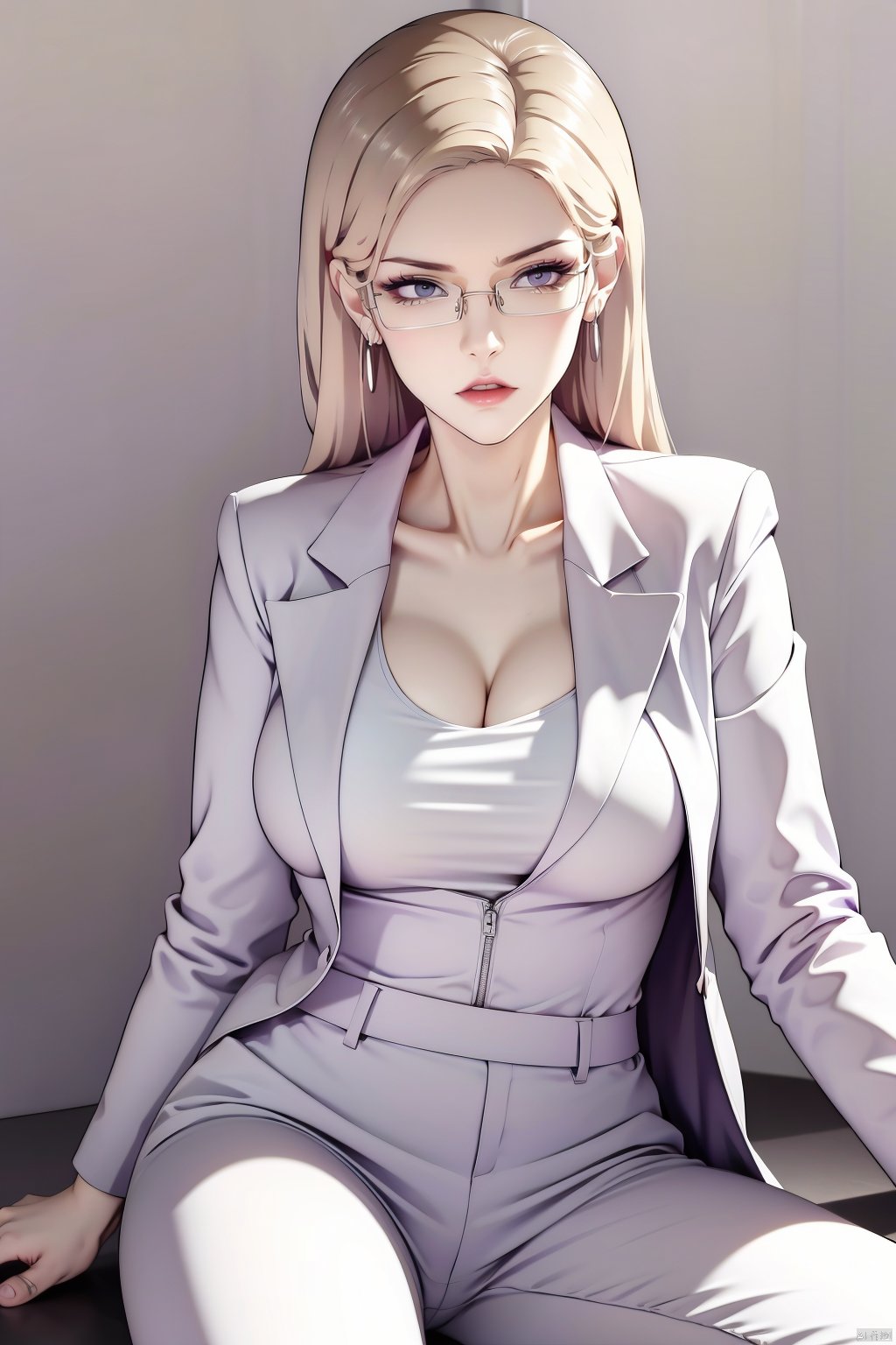 masterpiece,(the best:1.1),wallpaper,8K,absurdres,a high-resolution,superdetailing,
high detail skin,beauty face,PERFECT FACE,white and shiny skin,detailed skin,
mid_shot,Volumetric Lighting,simple background,
solo,medium breasts,open your legs,
upper body,blonde,(purple_pupils:1.1),earrings,,jacket,white shirt,white trousers,high_heels,glasses,