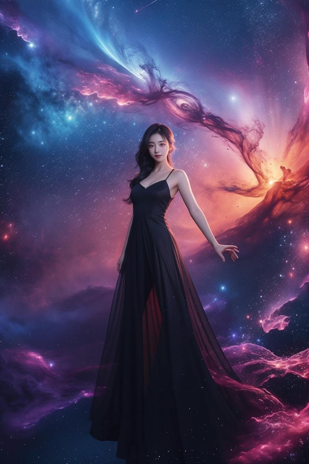 Master piece, high quality, a beautiful Chinese girl, wearing a black long dress, black long hair, photo realistic, night, cosmos,outdoor,cosmos background