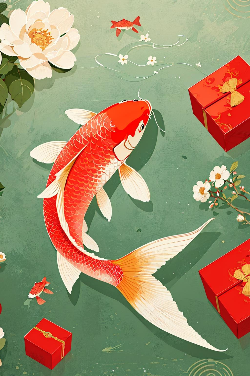 illustration, Chinese digital painting, vector, carp, clean background, flowers and red package, flat 