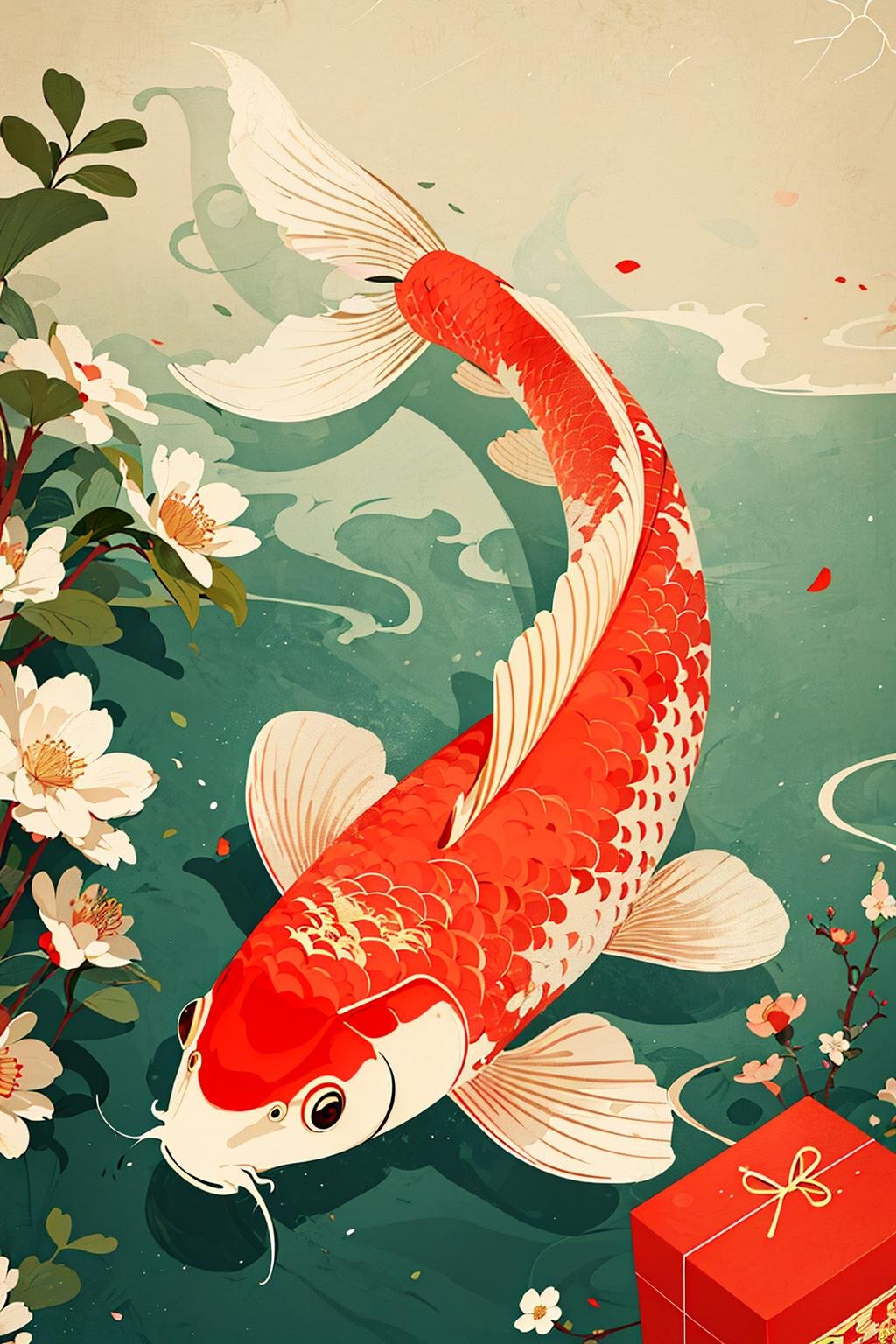 illustration, Chinese digital painting, vector, carp, clean background, flowers and red package, flat 