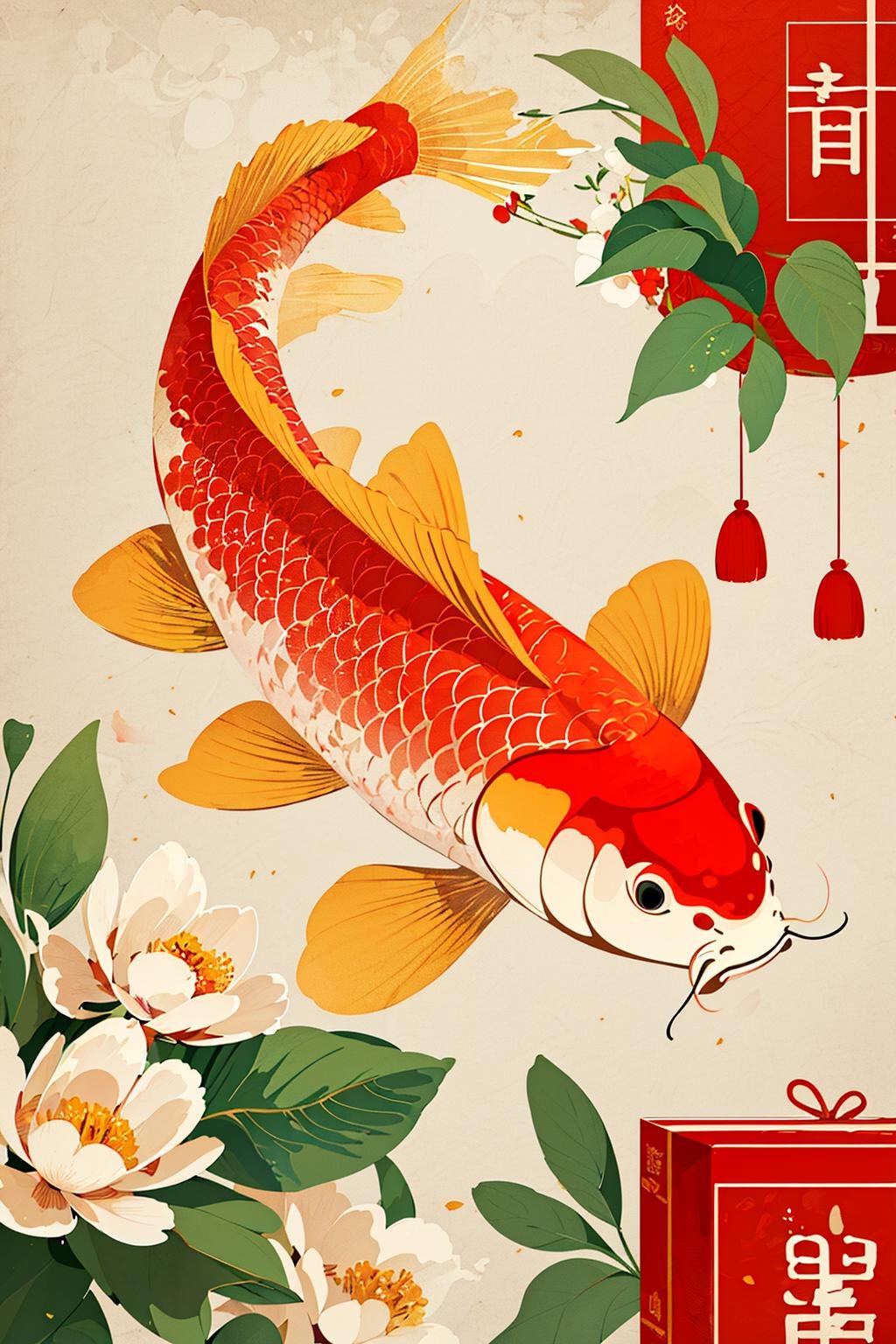 illustration, Chinese digital painting, vector, carp, clean background, flowers and red package, flat 