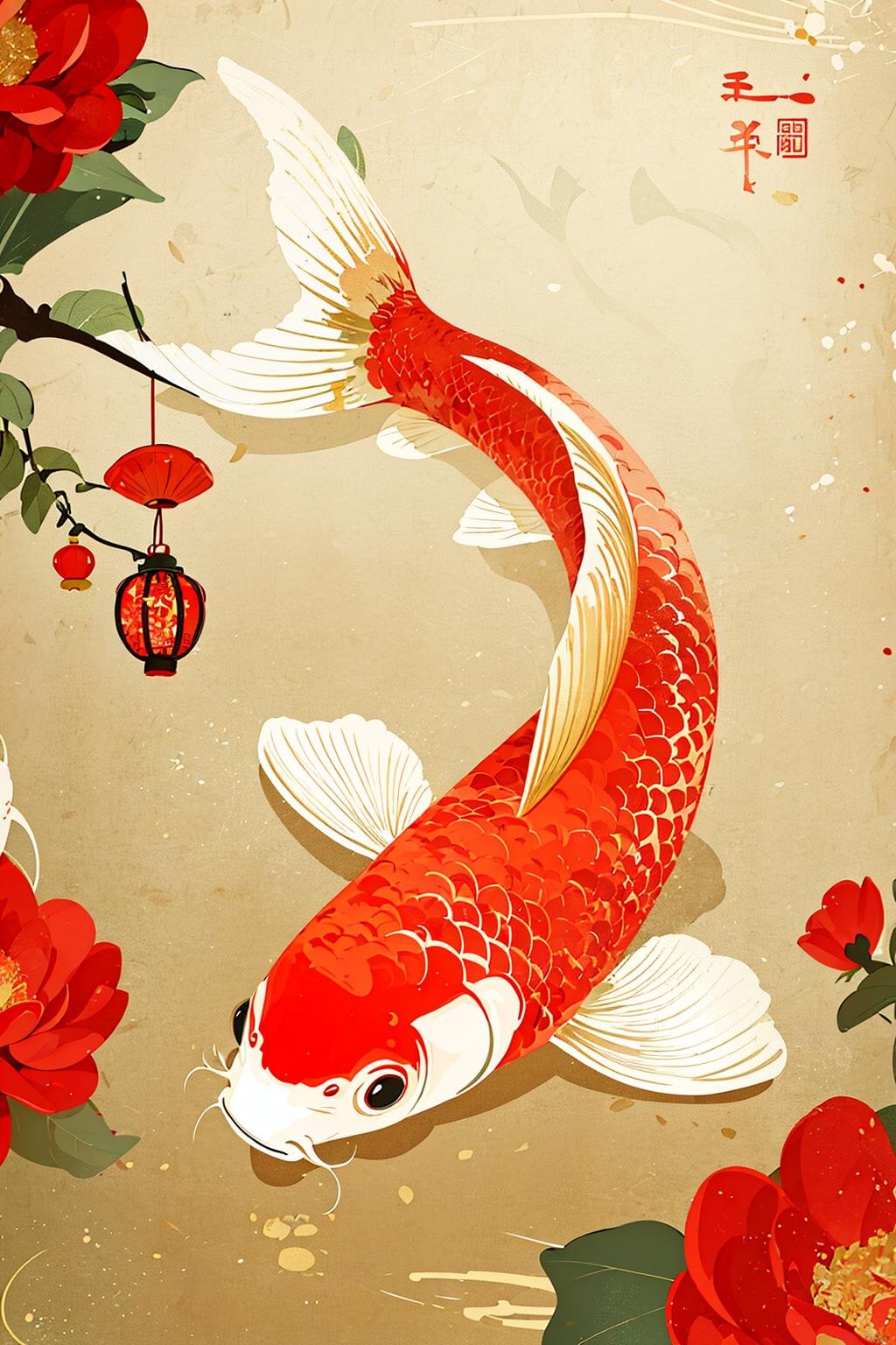 illustration, Chinese digital painting, vector, carp, gold and red, clean background, flowers , red lantern, flat 