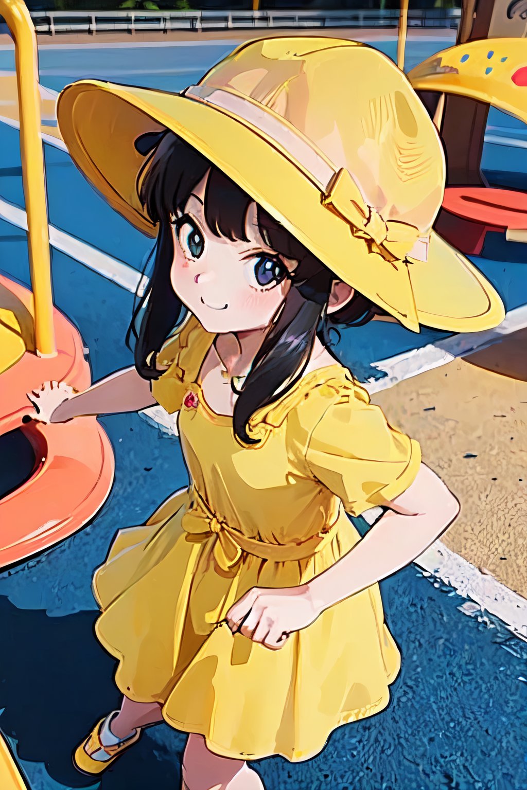 ,kiirobou,yellow hat,anime coloring,looking_at_viewer,baclpack,randoseru,friend,playground,multiple_girls,kawaii,dancing,retro artstyle,1980s \(style\),shirt,long_dress,print_dress,from_above,