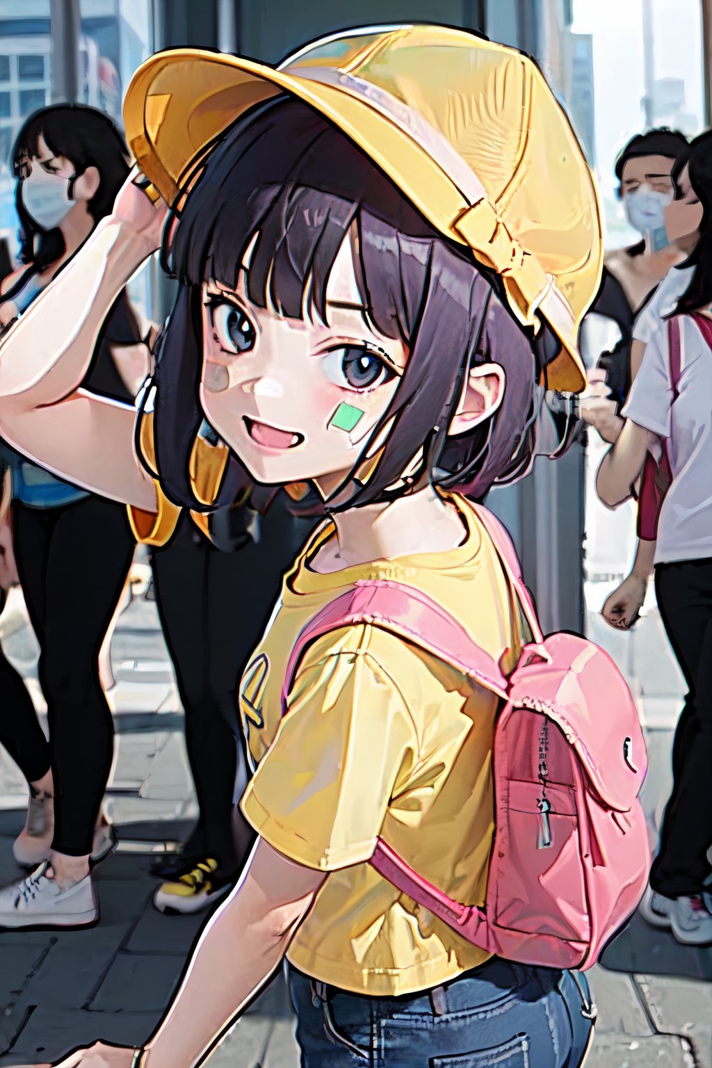 1girl,solo,,puniru,female child,tentacle hair,blunt bangs,short hair,light purple hair,print t-shirt,denim_shorts,socks,sneakers,bandaid on knee,slime,randoseru,backpack,petite,,kiirobou,hat,looking_at_viewer,evil smile,anime coloring,anime screencap,