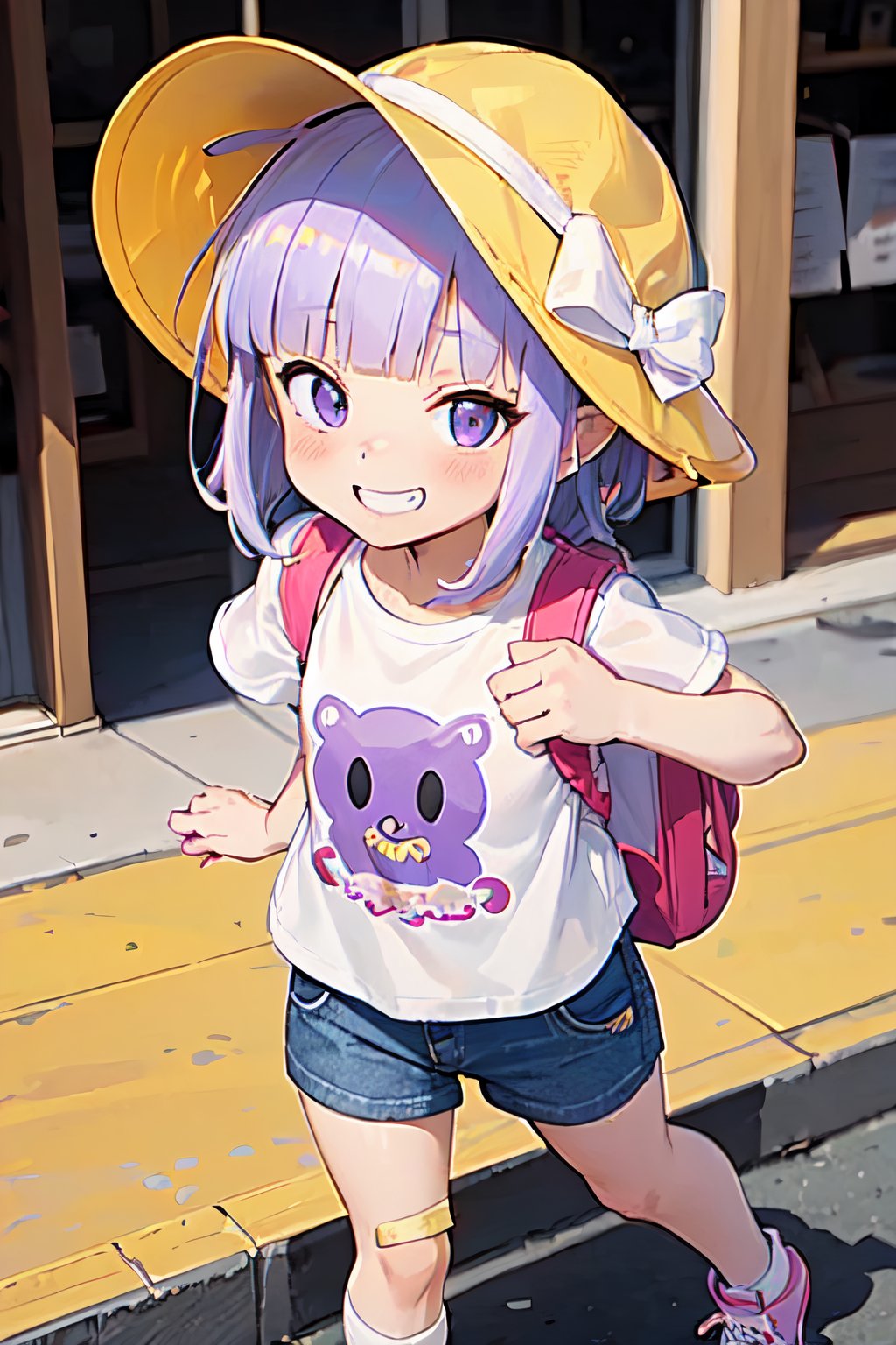 1girl,solo,,puniru,female child,tentacle hair,blunt bangs,short hair,light purple hair,print t-shirt,denim_shorts,socks,sneakers,bandaid on knee,slime,randoseru,backpack,petite,,kiirobou,hat,looking_at_viewer,evil smile,