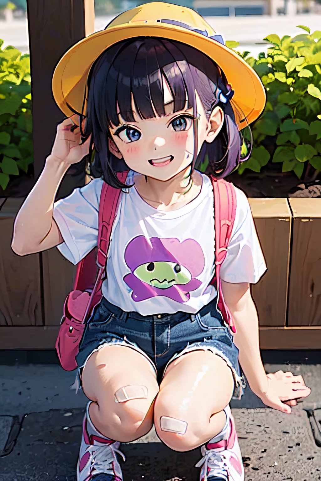 1girl,solo,,puniru,female child,tentacle hair,blunt bangs,short hair,light purple hair,print t-shirt,denim_shorts,socks,sneakers,bandaid on knee,slime,randoseru,backpack,petite,,kiirobou,hat,looking_at_viewer,evil smile,