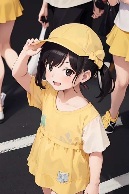 masterpiece,ultra detail,best quality,4girls,petite,walking,raise one of hand,pedestrian crossing,kiirobou,yellow hat,randoseru,happy,smile,join hands