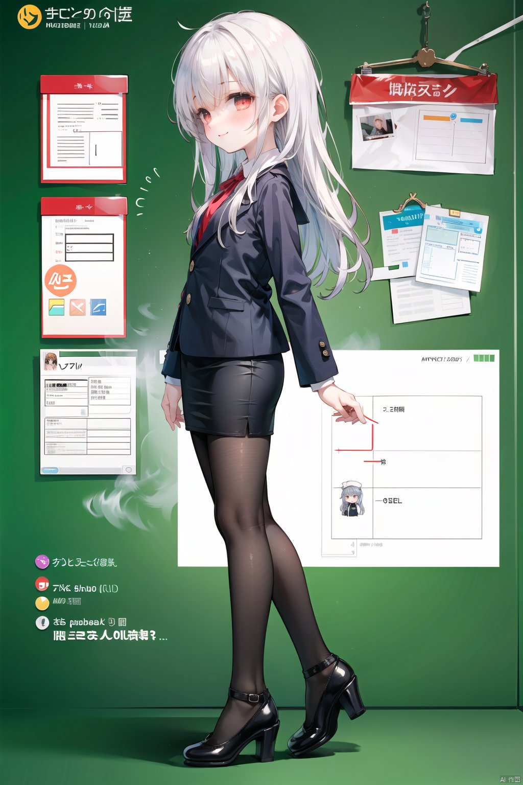  (from side),(full body:1.25),(loli),(flat chest),graphite \\(medium\\), ske,gradient,rainbow,note,white hair,(long hair),standing,(nose blush), (embarrassed),red eyes,highres, absurdres,(ultra-detailed:1.1025), (illustration:1.1025), (infographic:1.2),little girl,patent drawings, physical measurement, (all clothes configuration:1.15), stationery, (solo),cohesive background, (character sheet), thin,full body,(teacher),suit,pencil skirt,black pantyhose,high heels,steaming body,chalk,book,chalkboard,photo \(medium\), photo \(object\),makeup,smile,[spoken heart], arms behind back,english text,