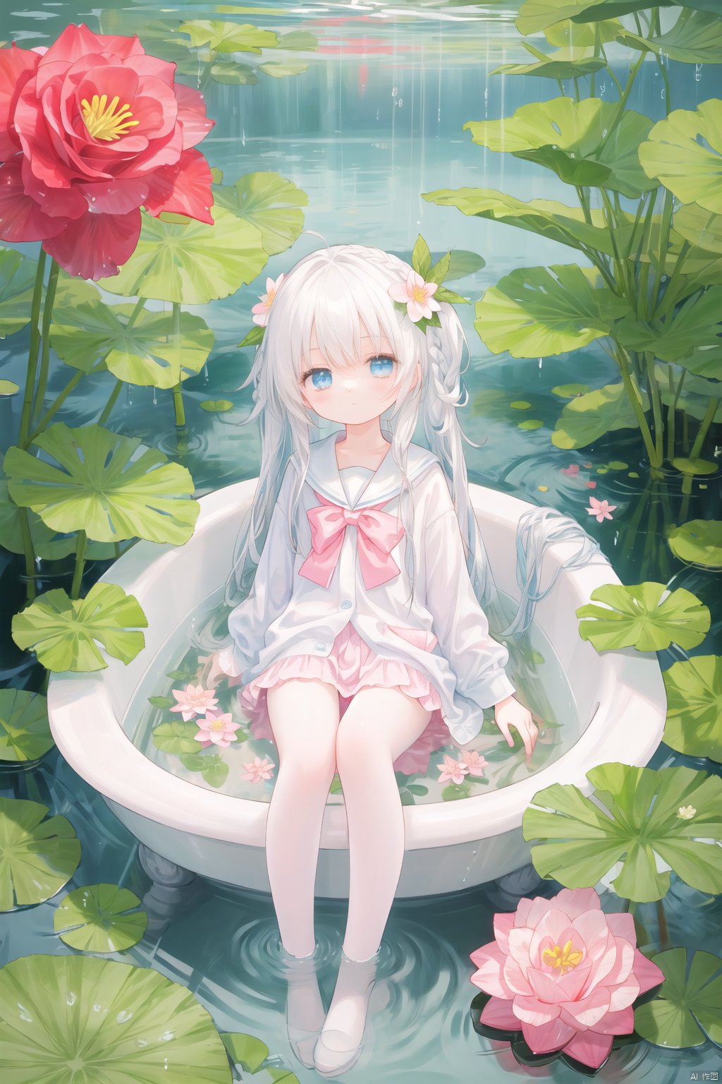  loli, petite, long hair, floating hair, messy hair, 1girl, white hair, white jacket, afloat, air bubble, bathtub, beach, berry, blue eyes, blue flower, bouquet, bow, braid, bubble, camellia, caustics, clover, coral, daisy, floral background, flower, food, fruit, hibiscus, horizon, hydrangea, in water, leaf, lily \(flower\), lily of the valley, lily pad, long sleeves, looking at viewer, lotus, ocean, partially submerged, petals on liquid, pink flower, purple flower, rain, red flower, ripples, rose, sailor collar, shallow water, snowflakes, soaking feet, solo, submerged, waves, white rose, yellow flower,,,,,, mz-hd, backlight