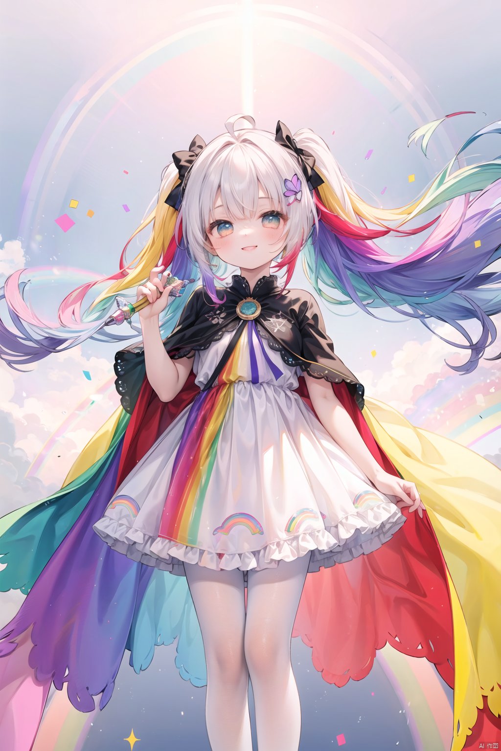  flat color, 1girl, solo, smile, detailed lighting, blurry, sunshine, mahou_shoujo,

(( rainbow gradient)), rainbow_print, butterfly print, fireworks,

rainbow hair, very long hair, braid, ahoge, big hair,

gradient eyes, wind, floating, sparkle,

(rainbow colorful multicolored clothes:1.3), floral print, flowers, hairbow, lace, frills, magical girl, cape,

lace trimmed white legwear, pantyhose,

((colorful rainbow)), ((rainbow colorful long hair)), multicolored hair, streaked hair,

clock, magic circle, nai3