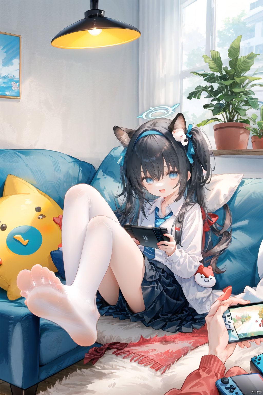  masterpiece, best quality,yellow_theme anime_girl_sitting_on_a_couch_with_her_legs_crossed_and_a_remote_in_her_hand game_top_down_view perspective wide_shot best_quality newest masterpiece aris_\(blue_archive\) 1girl feet barefoot blue_eyes toes solo soles long_hair black_hair foot_focus necktie bare_legs hair_between_eyes skirt nintendo_switch halo shirt v foreshortening indoors white_shirt blue_necktie open_mouth holding one_side_up couch smile hairband plant long_sleeves potted_plant handheld_game_console black_skirt looking_at_viewer upper_only school_uniform legs game_console full_body very_long_hair bangs sitting holding_handheld_game_console collared_shir, nai3