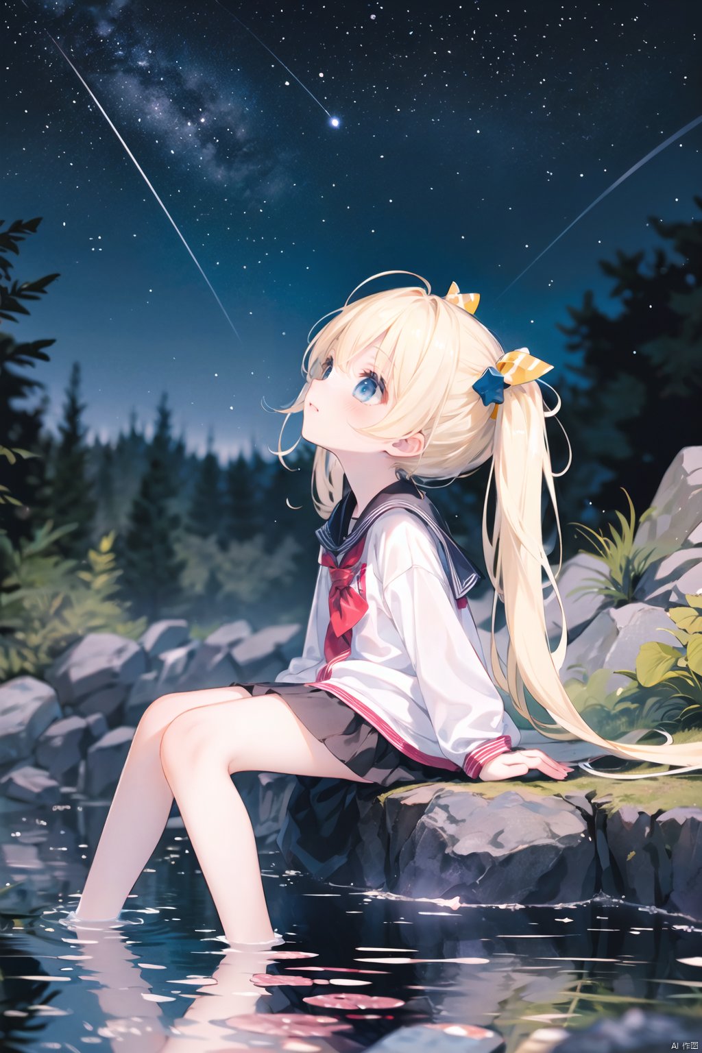  (masterpiece:1.2),best quality, 1girl,blonde hair,blue eyes,(very long twin tails,looking up),sharp hair,sitting,rocks,river,((reflection,night,star_(sky))),