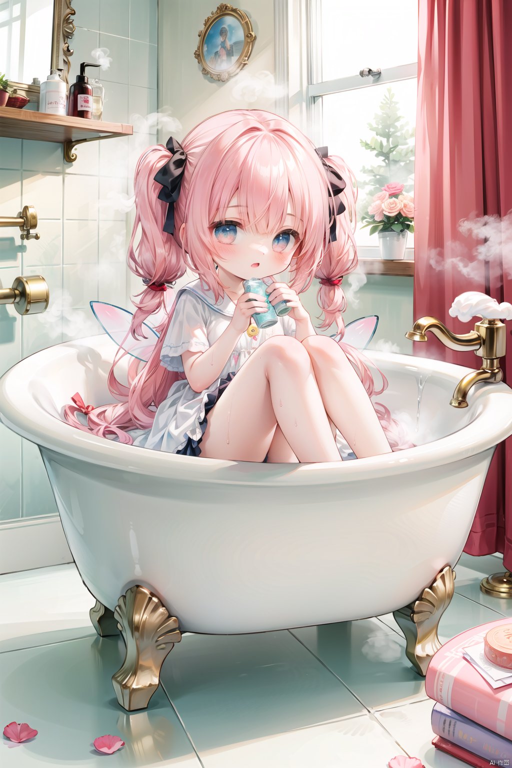  

((colorful)),(Detailed eyes description), (8K wallpaper), (masterpiece,best quality,ultra-detailed,illustration),(cinematic lighting),dreamy atmosphere,(bubble),

((a fairy tale bathroom)),(It's a fantastic room with lots of (lovely decorations):1.15),messy room,((steam,vapour)),water mist,(loli,little girl:1.35),pink hair,blue eyes,long hair,wet hair,(Detailed face description),(bare legs,barefoot),

petals in the bathtub,(flower bath,milk bath),(soap,soap bubble),warm light,(mirror),(washstand),shower head,shampoo,blue curtains,
