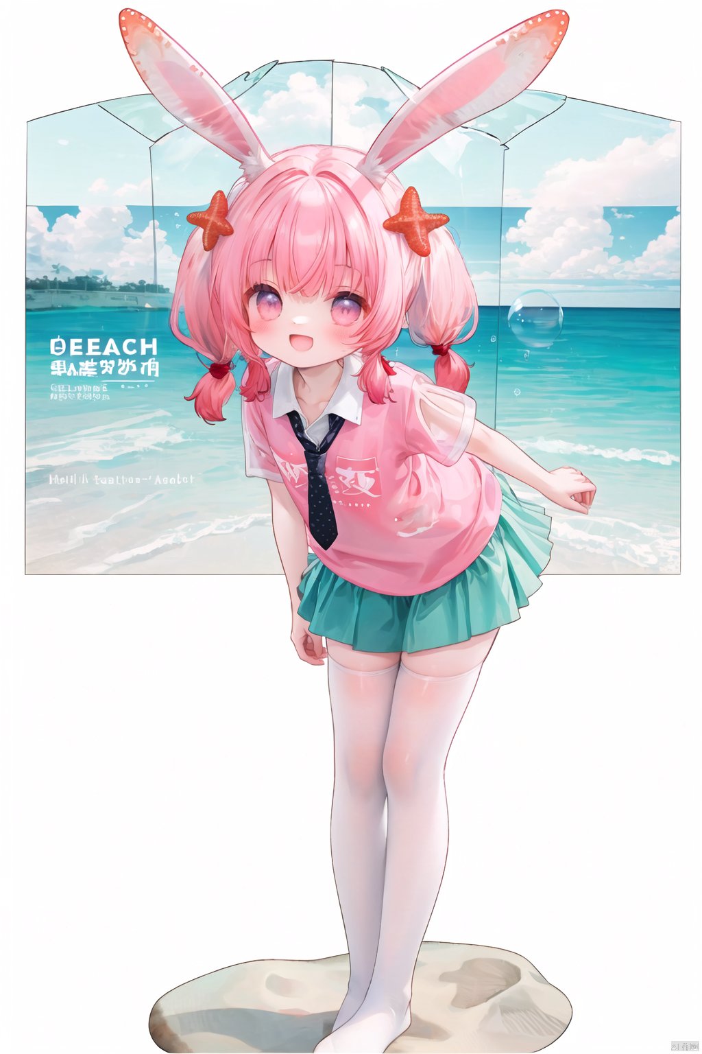  masterpiece, best quality, //

(white background:1.45), (transparent background:1.5)

//

(masterpiece), (best quality), ( english text, username, artist name, :1.4), (cover-style:1.3), (beach, sea, sky, cloudy sky, :1.3) , (starfish, crabs:1.2), medium breasts, ( rabbit ears:1.2), (loli, little girl, :1.2), pink hair, (pink hair, low-tied low twintails, :1.2), blunt bangs, green eyes, ;d, (pink short t-shirt:1.2), (pink polka dot necktie, :1.2), (bubbles, water bubbles, soap bubbles:1.1), no pants, no skirt, red striped panties, white thighhighs, skindentation, no shoes, (bent over, leaning forward:1.2), //

(double exposure:1.2)