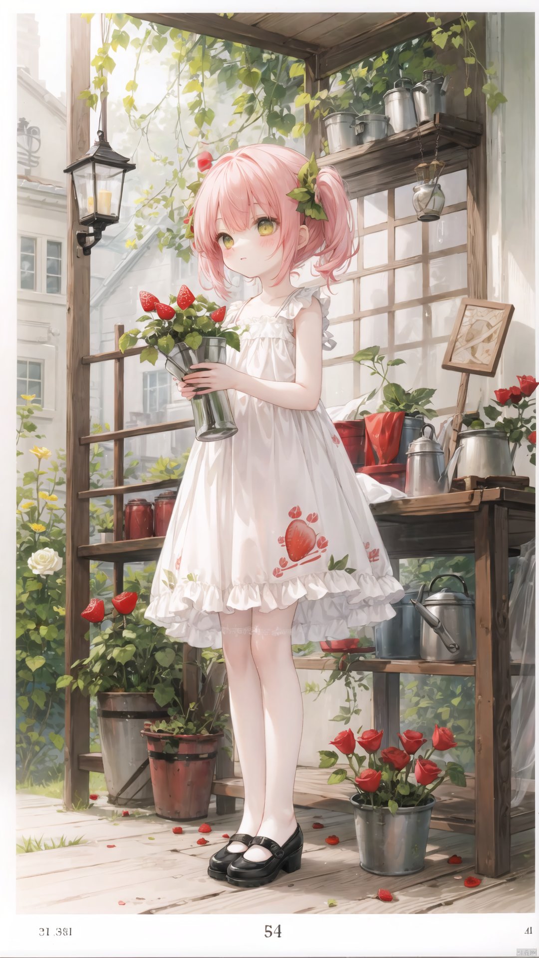  rose_print, spider_lily, spoken_squiggle, squiggle, standing, strawberry, tattoo, thorns, tulip, vase, vines, watering_can, white_rose, yellow_rose,loli,petite