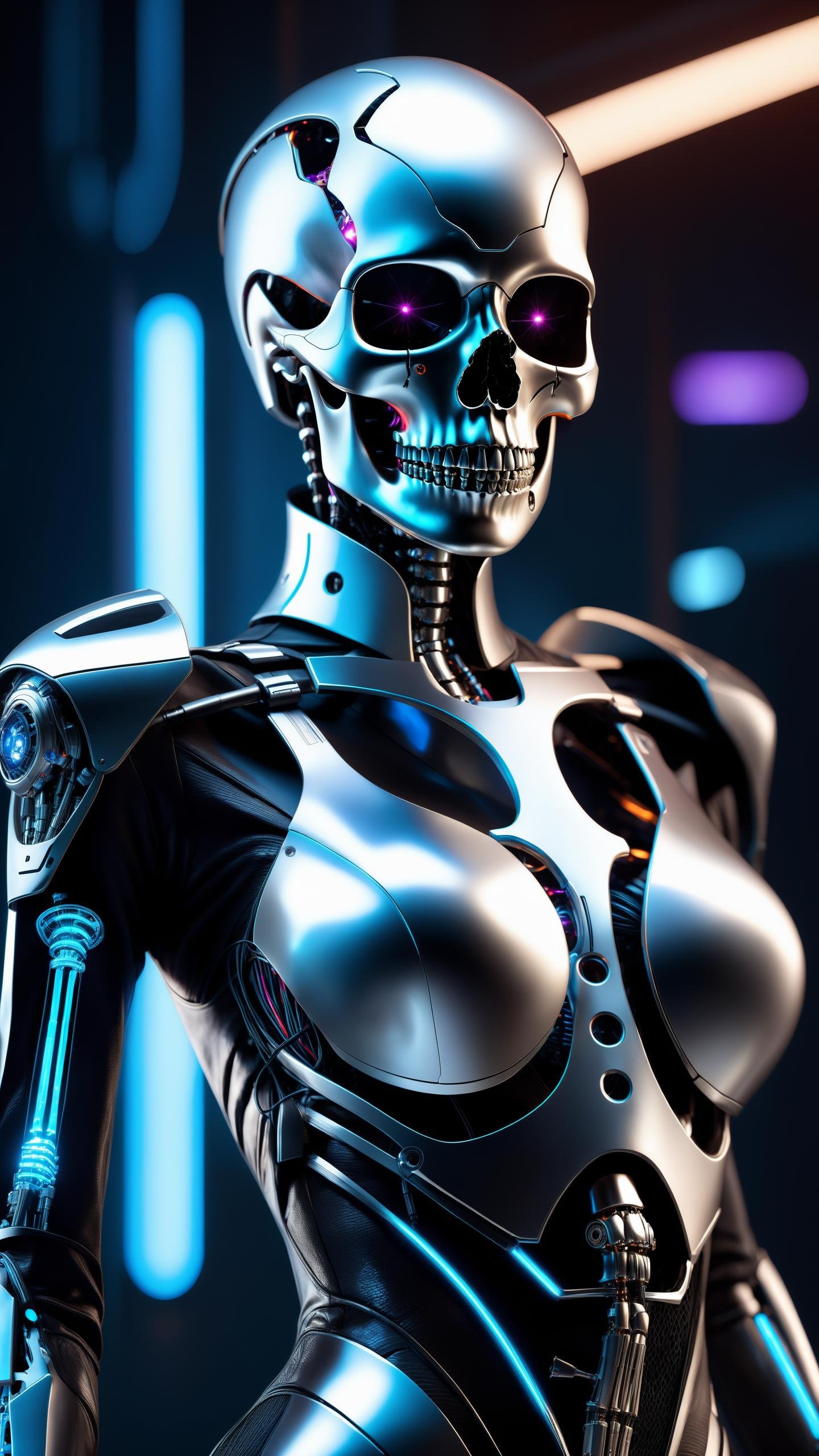 a bad woman in a futuristic suit with a ((skeleton head)), ((which disintegrates)), cybernetic, cyberpunk art, computer art, detailed eyes, (highly detailed skin:1.2), (realistic lighting:1.1), (realistic shadows:1.1), ((best quality)), (detailed), 8k uhd