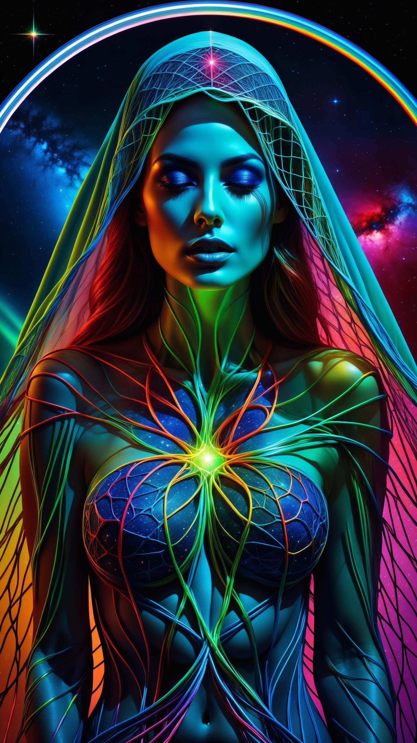 masterpiece, best quality, ultra high res, extremely detailed, (psychedelic art:1.4), woman, veil, visually stunning, beautiful, award-winning illustration, cosmic space background, ethereal atmosphere, ultra quality, beautiful girl, cosmical concept, rainbow strings, rainbow skin, rainbow bloody veins growing and intertwining out of the darkness, nailed wire, oozing thick blue blood, sharp neon, veins growing and pumping blood, vascular networks growing, green veins everywhere, yin and yang, glowing space, glowing stars, infinity symbol