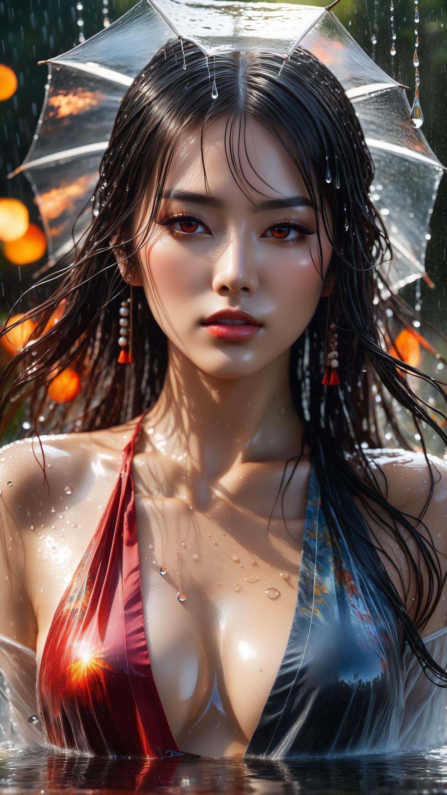 (Highest picture quality), (Master's work), (ultra-detailed), the portrait is centered, 1girl, raiden shogun, nsfw, (wet clothes), blush, bare hips, (sheer shirt), (from above:1.7), (translucent dress), water drop, (rain), (outdoors), stained, wet hair, wet dress, wet, scenery, (long hair), nature background, close up, ((on back)), water, lying in water, masterpiece, best quality, ultra high res, highly detailed, (abstract expressionism art:1.4), [girl | fire ghost:10], love, sparking fire red eyes, dark rainbow theme, colorful, visually stunning, beautiful, gorgeous, emotional, intricate, perferct shading