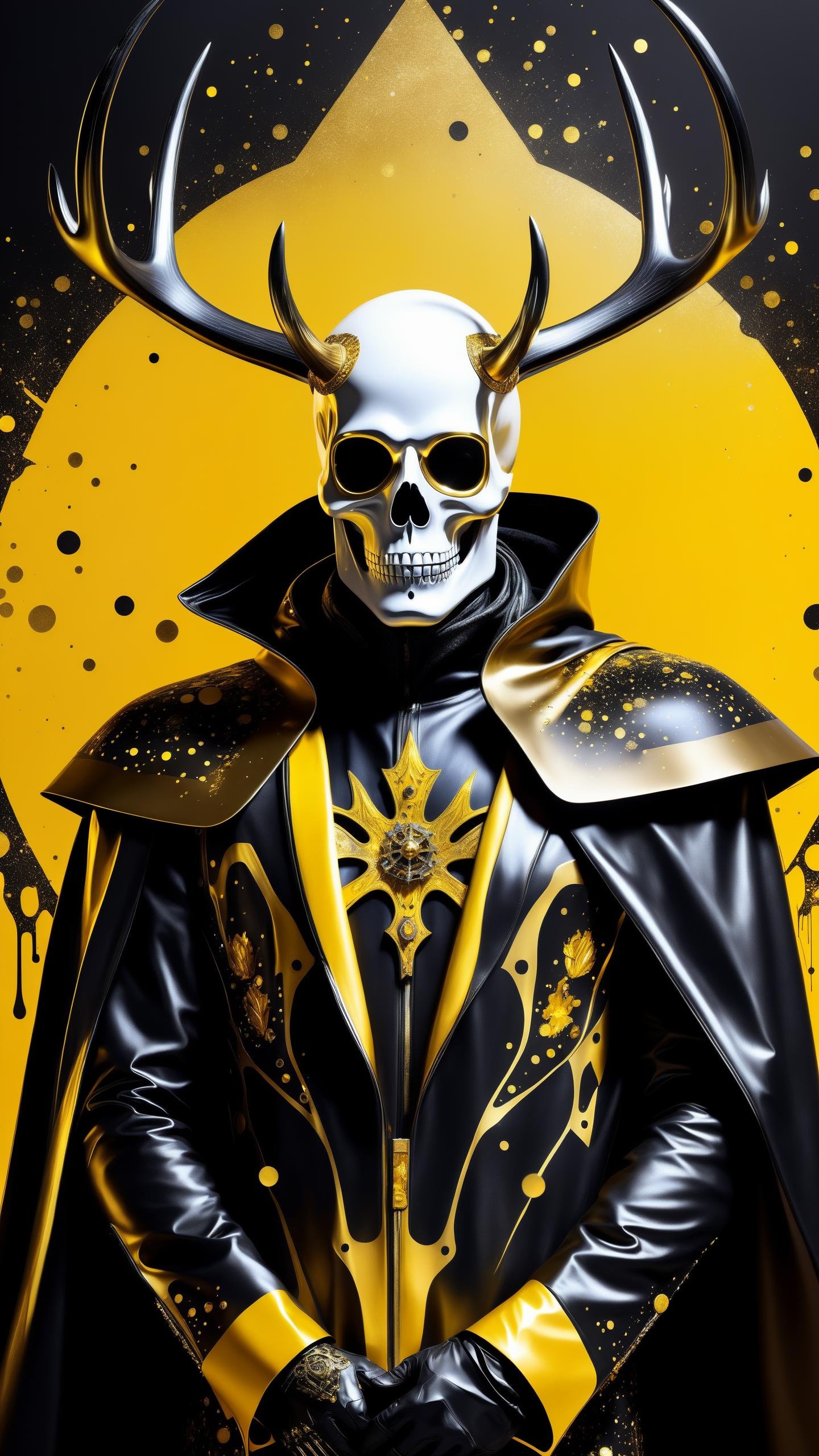 1man, good shape, a surreal paint splatter painting of the kinginyellow wearing a cloak and a mask, antlers, crown, cosmic background, gold and white and black color scheme, a bad woman in a futuristic suit with a ((skeleton head)) ((which disintegrates)), cybernetic, cyberpunk art, computer art, detailed eyes, (highly detailed skin:1.2), (realistic lighting:1.1), (realistic shadows:1.1), ((best quality)), (detailed), 8k uhd