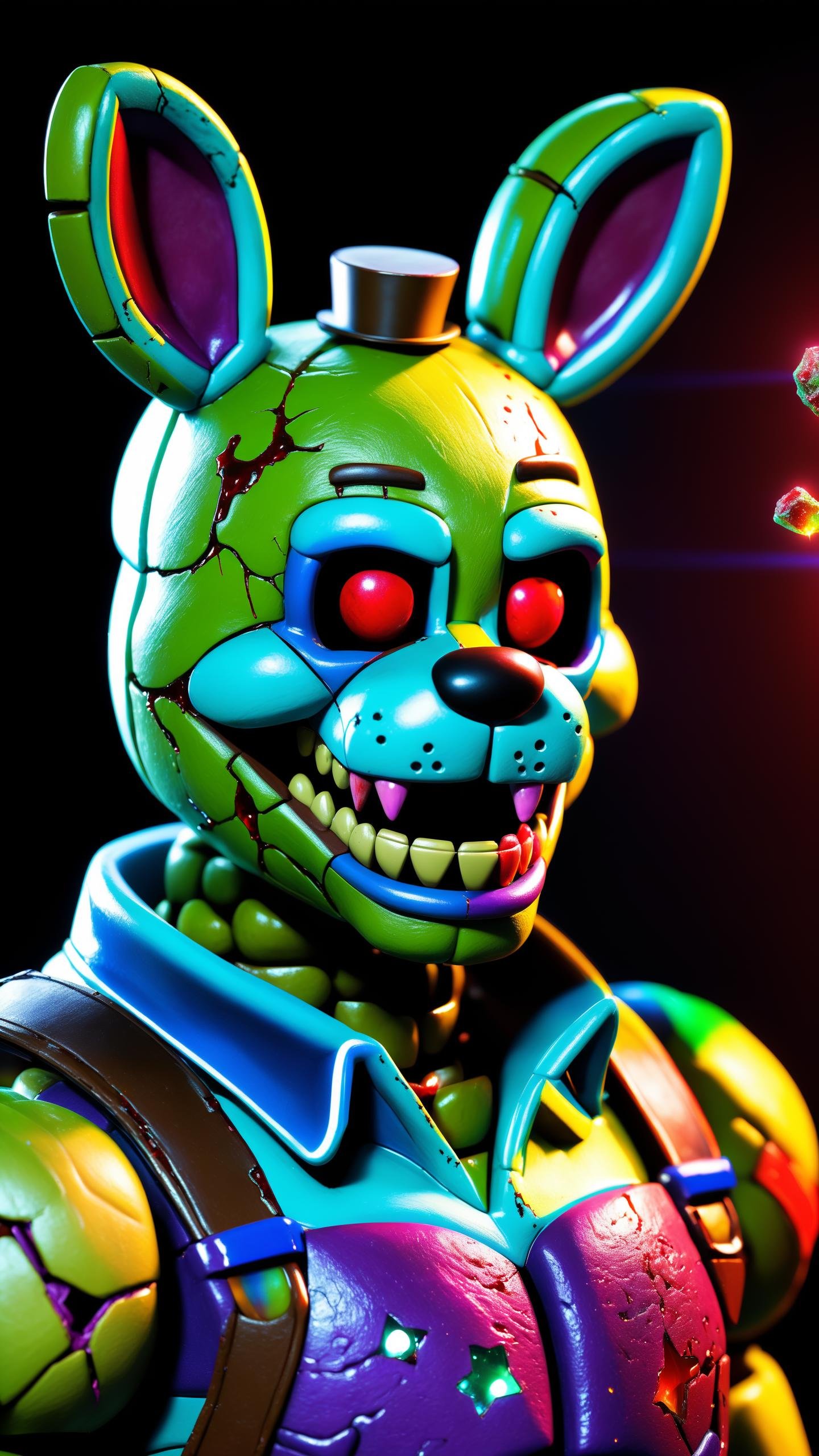 Bonnie fnaf, rainbow springtrap, muscular animatronic, inside home, Springtrap, Nightmare Springtrap, realistic springtrap, fnaf springtrap, creepy springtrap, realistic springtrap, (rainbow bloody veins growing and intertwining out of the darkness), Springtrap potrait, oozing thick blue blood, sharp neon, veins growing and pumping blood, vascular networks growing, springtrap costume, green veins everywhere, (nailed wire), blood on body, (rainbow skin:1.4), photorealistic, (Infrared:1.2), Hypercube, ultra detailed, intricate, oil on canvas, ((dry brush, ultra sharp)), (surrealism:1.1), (disturbing:1.1), sparks, dark atmosphere, realistic, post processing, fnaf pizzeria, ultra detail, freddy fazbear, springtrap Five Nights at Freddy's, a lot of blood, fnaf animatronic, nightmare animatronic, golden freddy, detailed background, pizzeria background, beksinski style, (craked skin), lubrified body, body reflections, bloody, (shattered glass:1.3), cosmic space background, ethereal atmosphere, dynamic pose, black hole in the background, stars, space, lensflare, rim lighting, backlighting, detailed hands, muscular hands, glowing rainbow teeth, glowing mouth